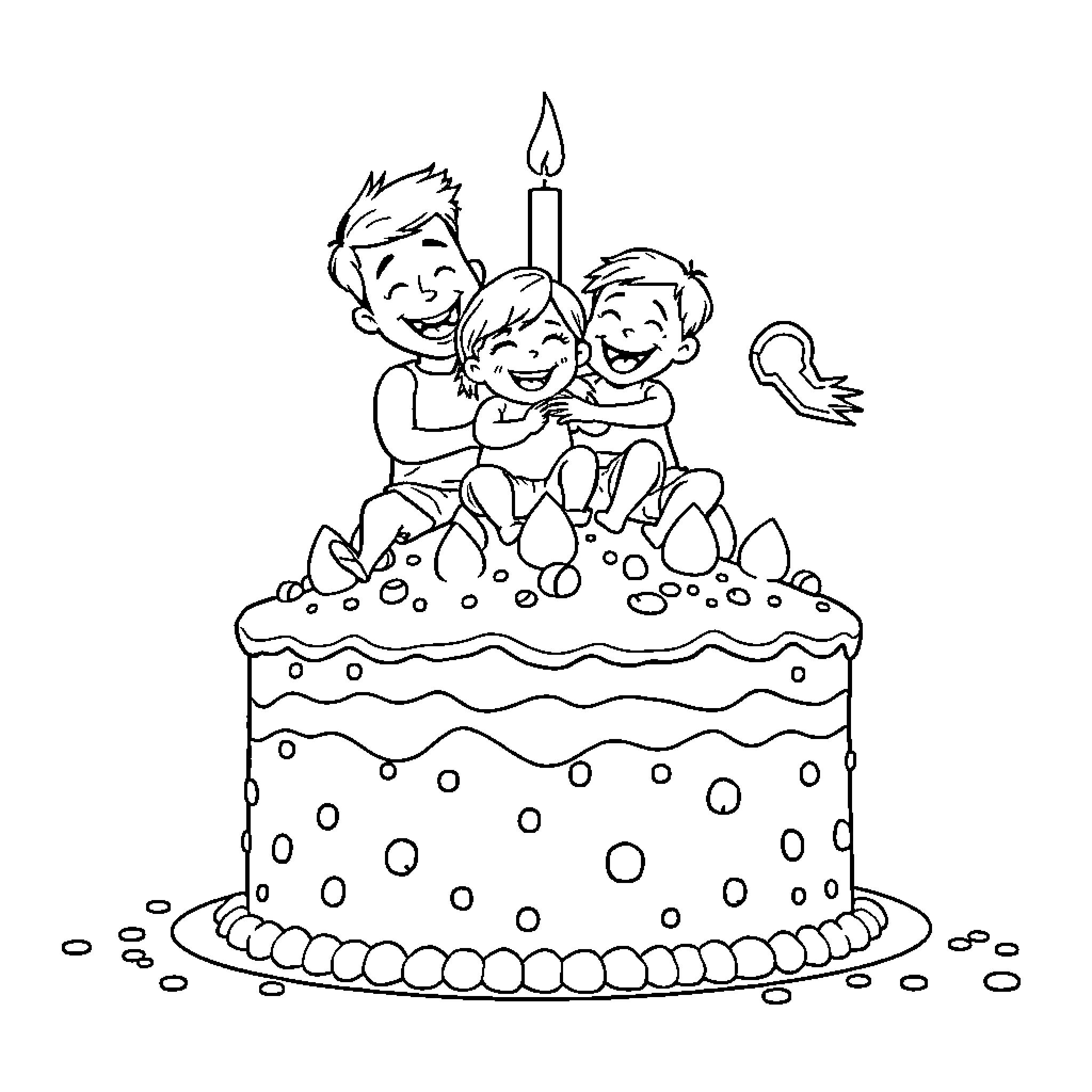Family Celebrating with Birthday Cake and Candle Coloring Page (free black-and-white line drawing printable PDF for all, from beginners to advanced learners, including children, teens, adults, and seniors)