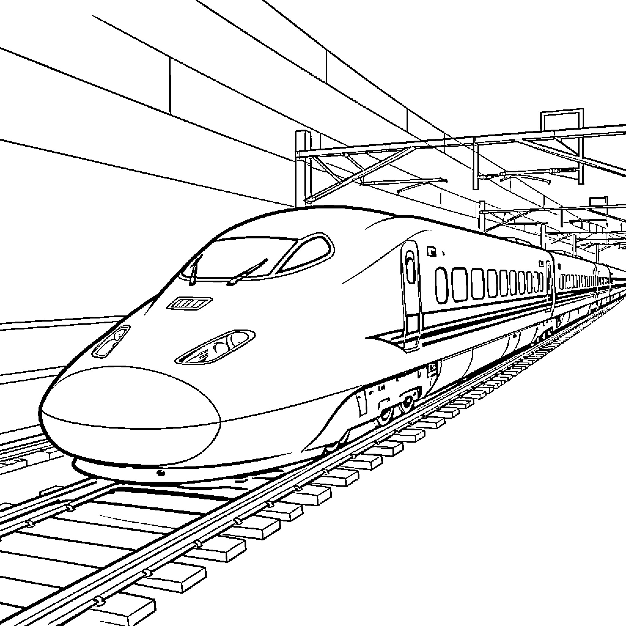 Shinkansen high-speed train in motion Coloring Page (free black-and-white line drawing printable PDF for all, from beginners to advanced learners, including children, teens, adults, and seniors)
