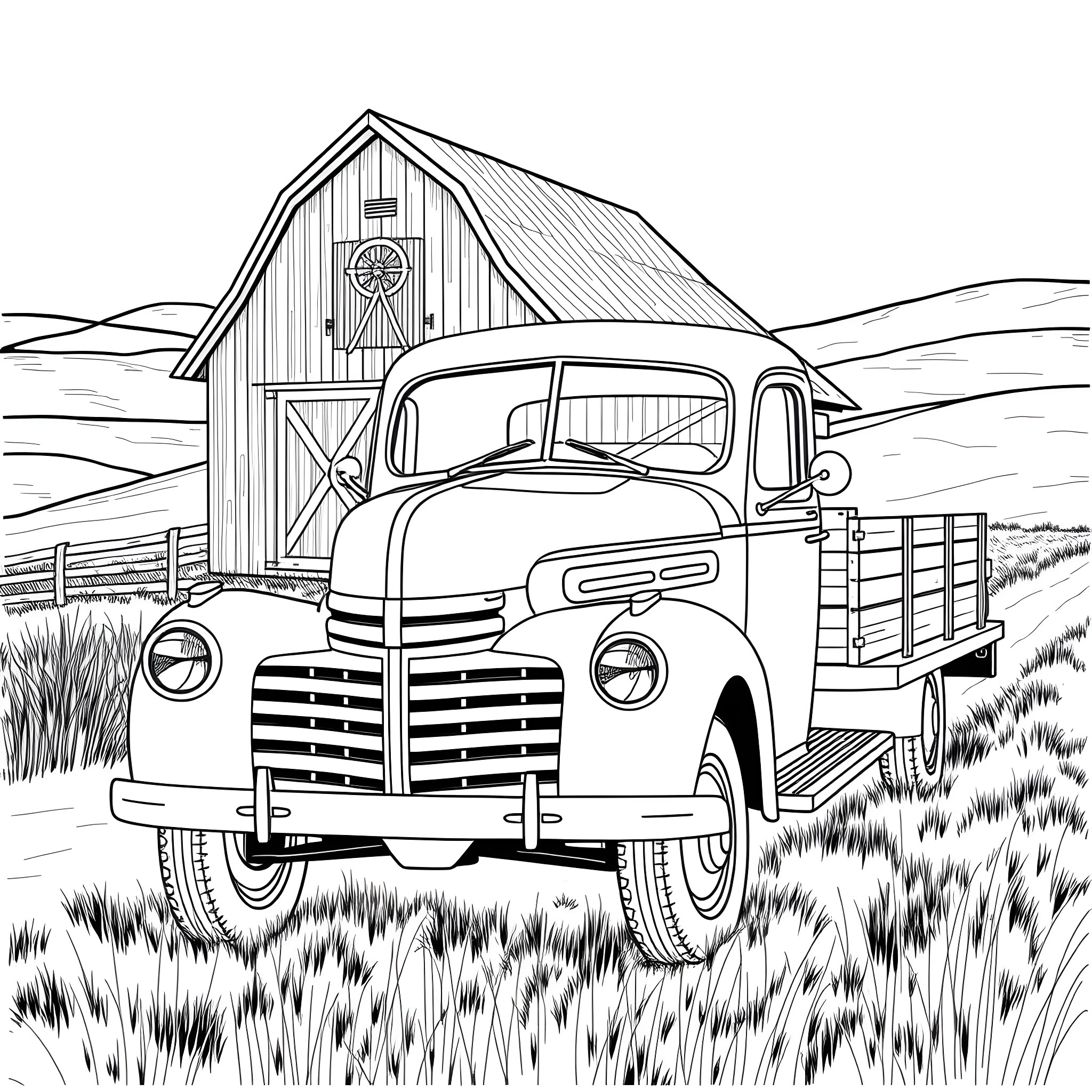 Flatbed truck parked by a rustic barn in a countryside scene Coloring Page (free black-and-white line drawing printable PDF for all, from beginners to advanced learners, including children, teens, adults, and seniors)