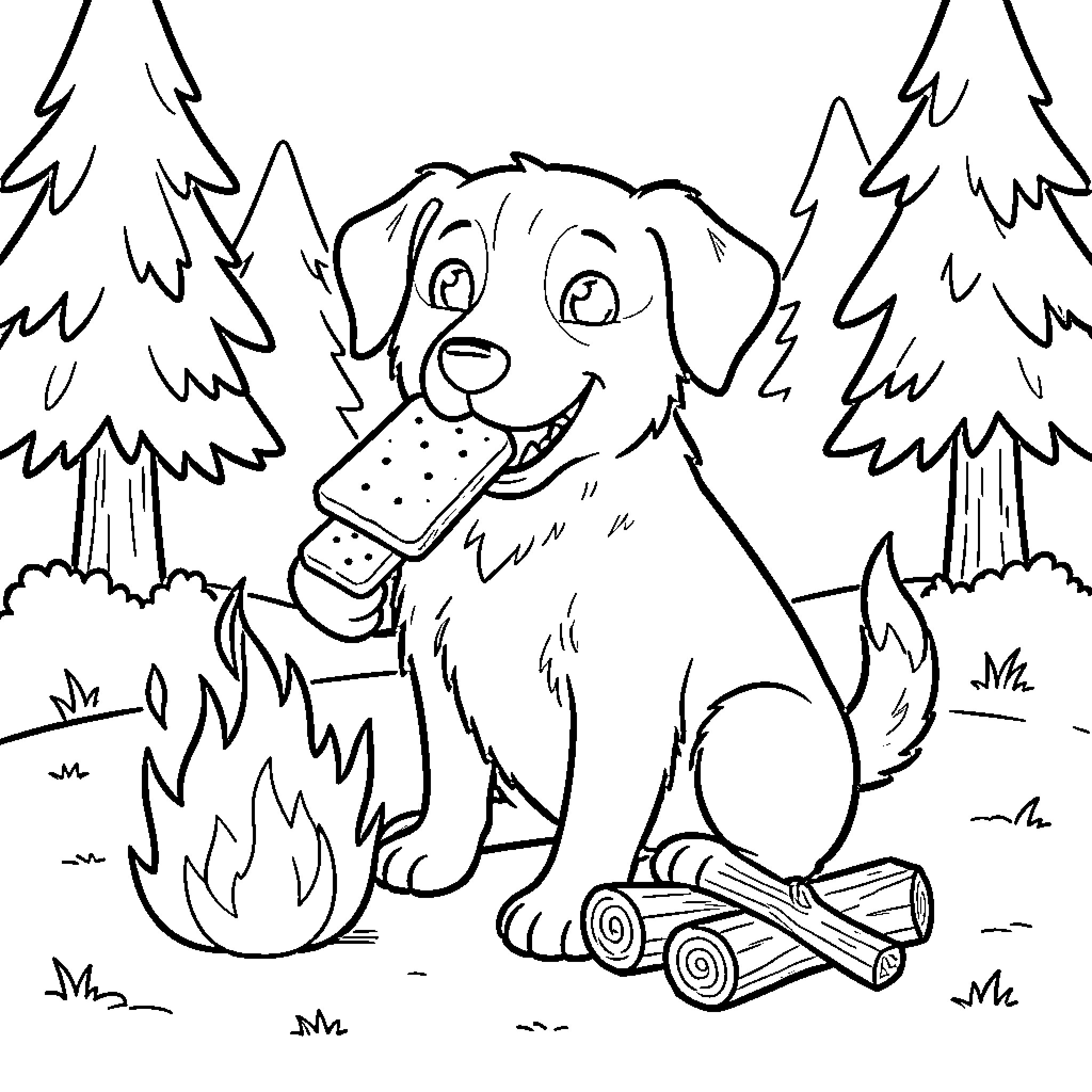 Weenie Dog eating a snack by a campfire Coloring Page (free black-and-white line drawing printable PDF for all, from beginners to advanced learners, including children, teens, adults, and seniors)