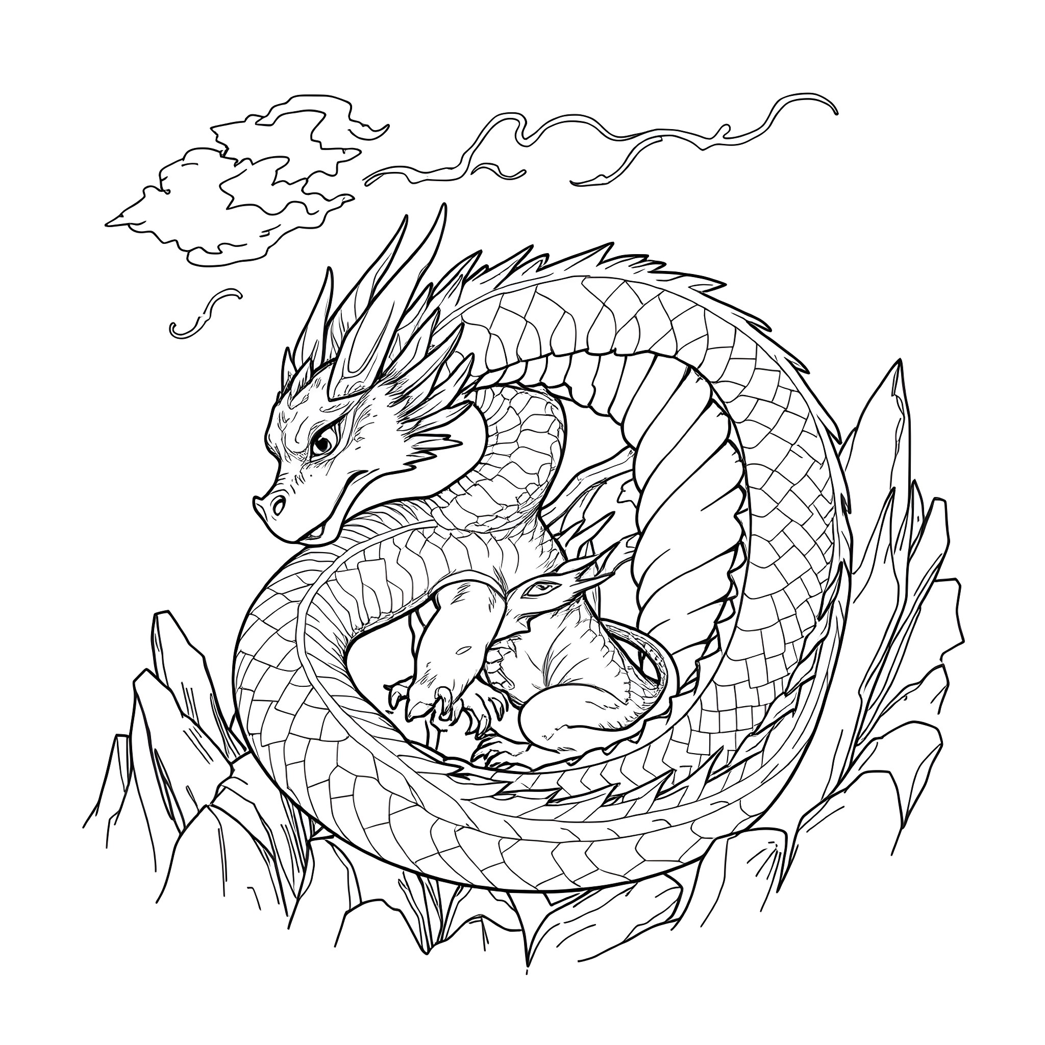 Dragon guarding its egg in the nest Coloring Page (free black-and-white line drawing printable PDF for all, from beginners to advanced learners, including children, teens, adults, and seniors)