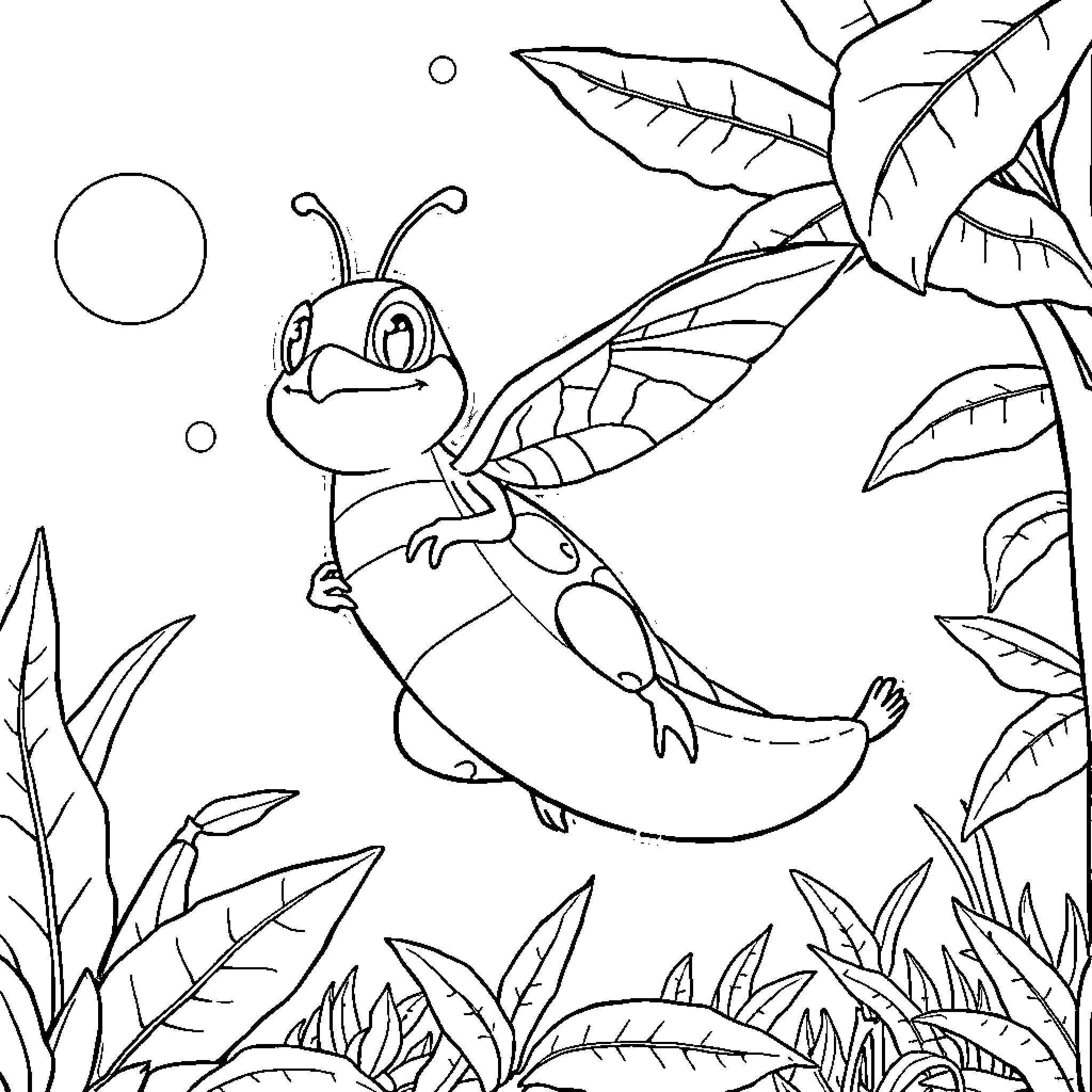 Paw Patrol Puppy Exploring Tropical Foliage Coloring Page (free black-and-white line drawing printable PDF for all, from beginners to advanced learners, including children, teens, adults, and seniors)