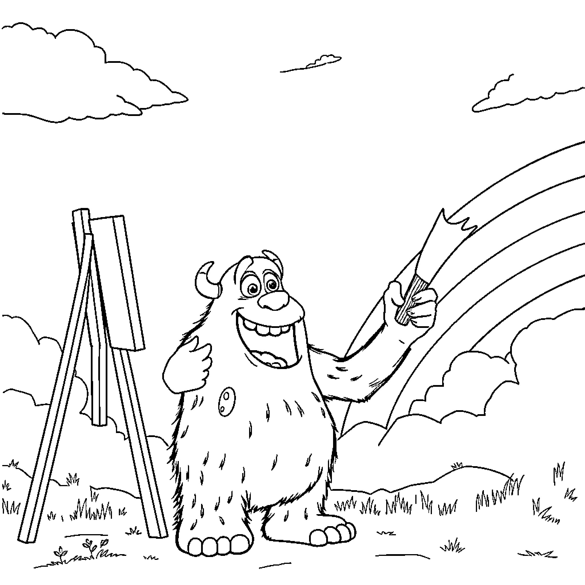 Sully the friendly monster painting a picture outdoors Coloring Page (free black-and-white line drawing printable PDF for all, from beginners to advanced learners, including children, teens, adults, and seniors)
