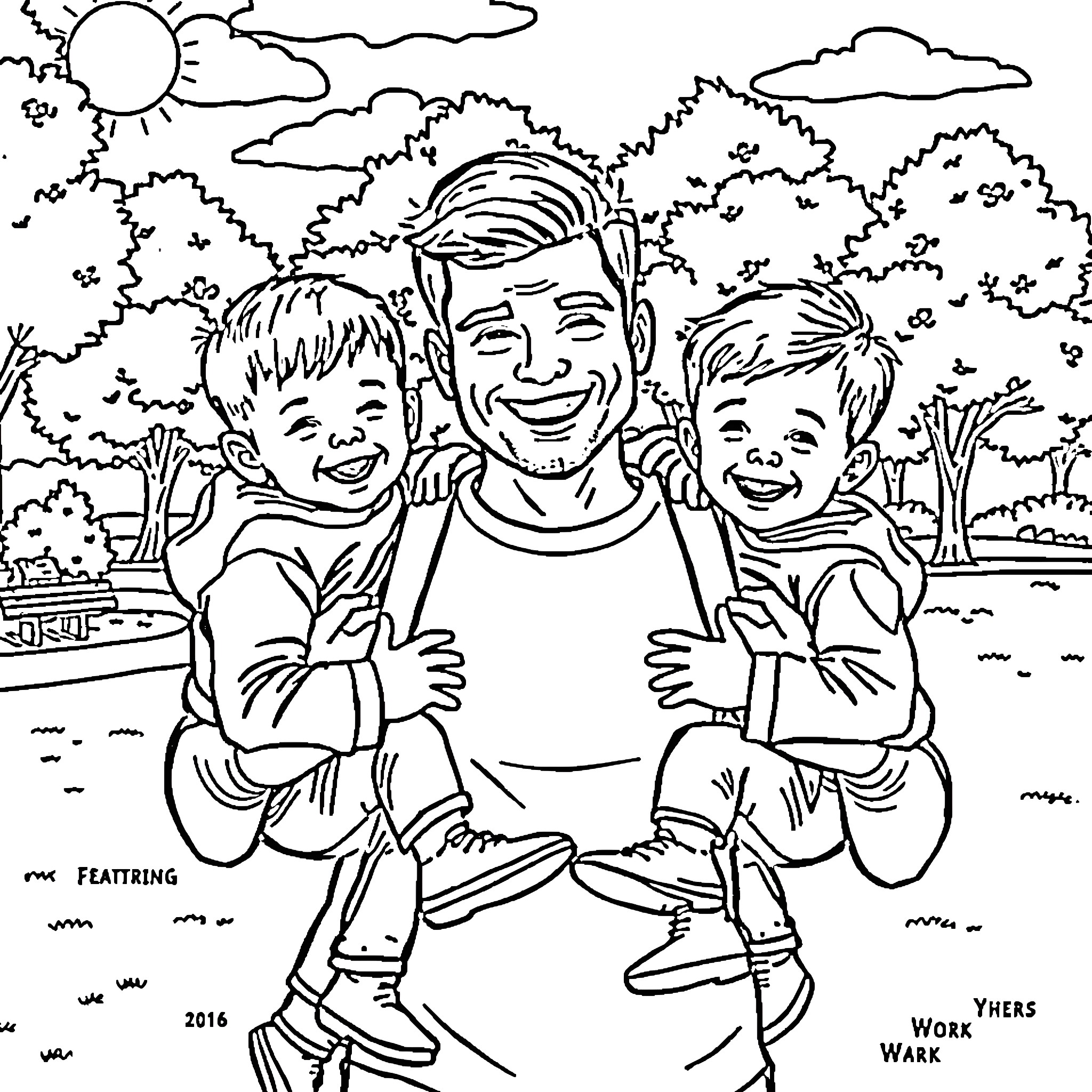 Dad spending quality time with his children outdoors Coloring Page (free black-and-white line drawing printable PDF for all, from beginners to advanced learners, including children, teens, adults, and seniors)