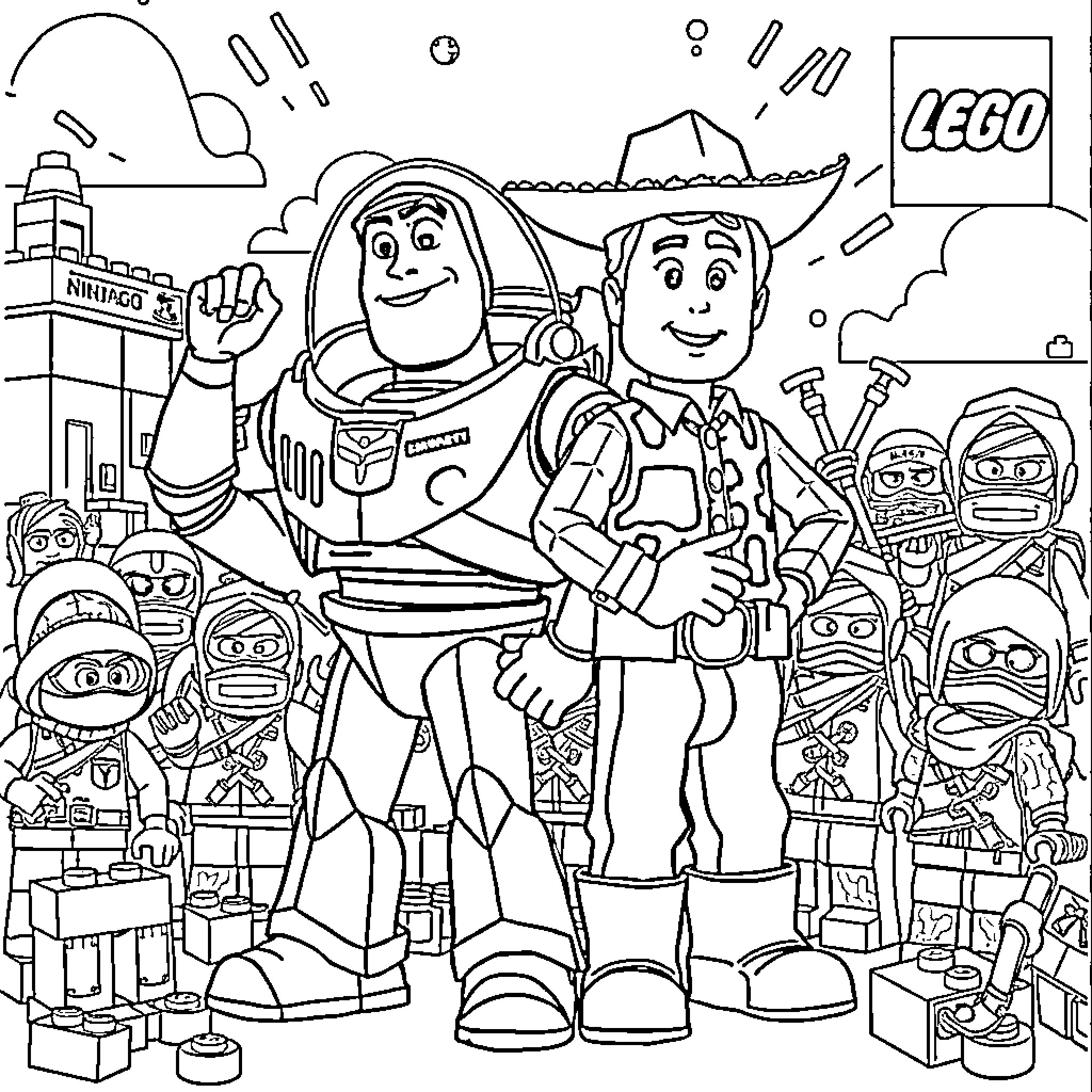 Buzz Lightyear and Woody in an exciting Lego adventure Coloring Page (free black-and-white line drawing printable PDF for all, from beginners to advanced learners, including children, teens, adults, and seniors)