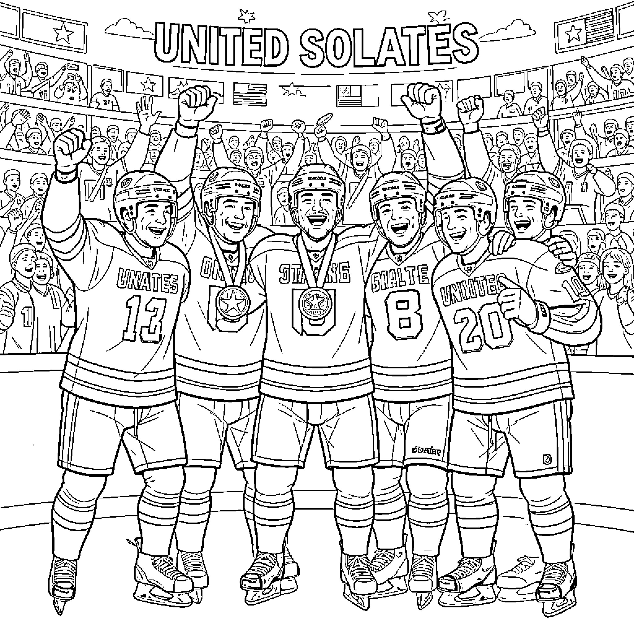 Hockey players celebrating victory in the rink Coloring Page (free black-and-white line drawing printable PDF for all, from beginners to advanced learners, including children, teens, adults, and seniors)