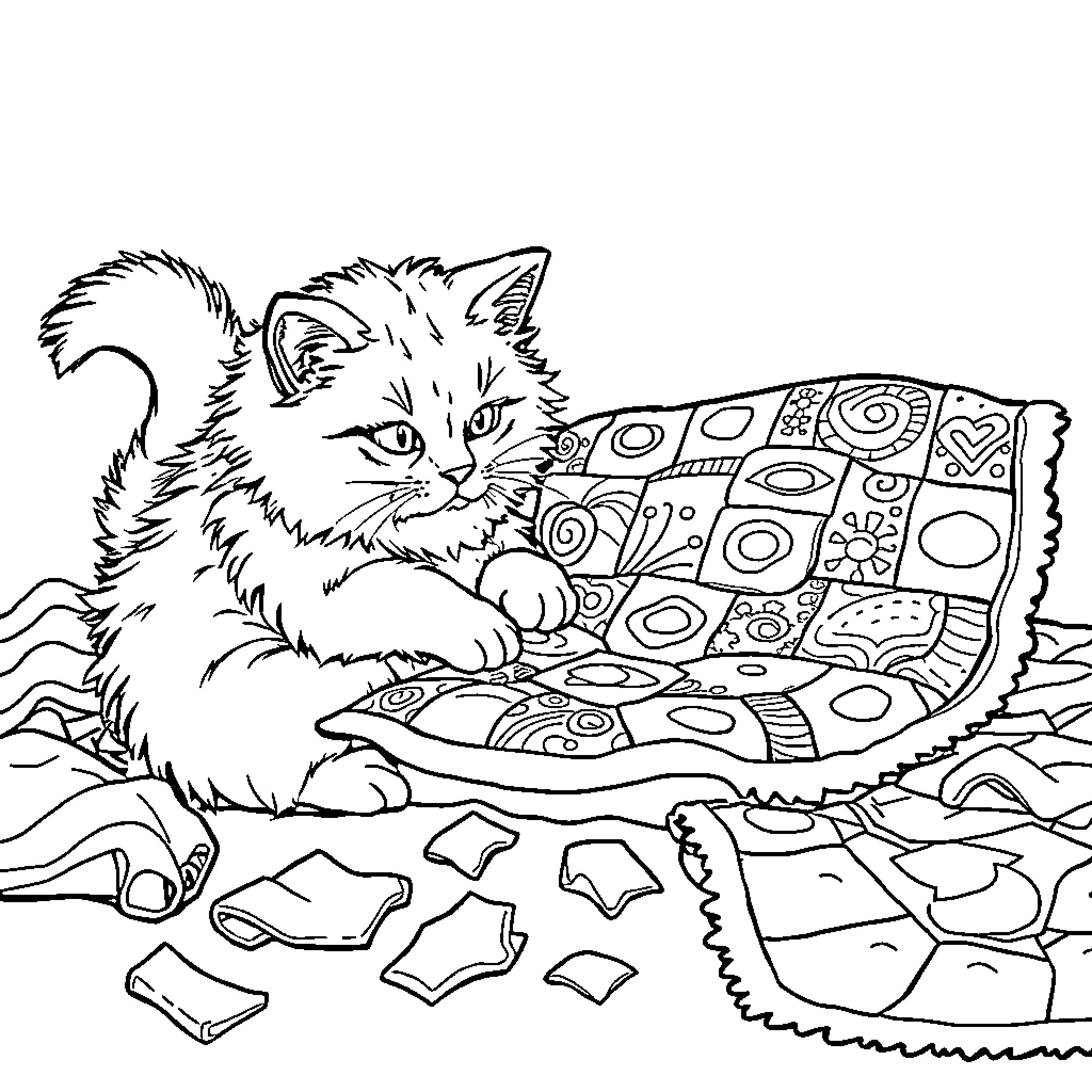 Cat playing with colorful pattern cloth Coloring Page (free black-and-white line drawing printable PDF for all, from beginners to advanced learners, including children, teens, adults, and seniors)
