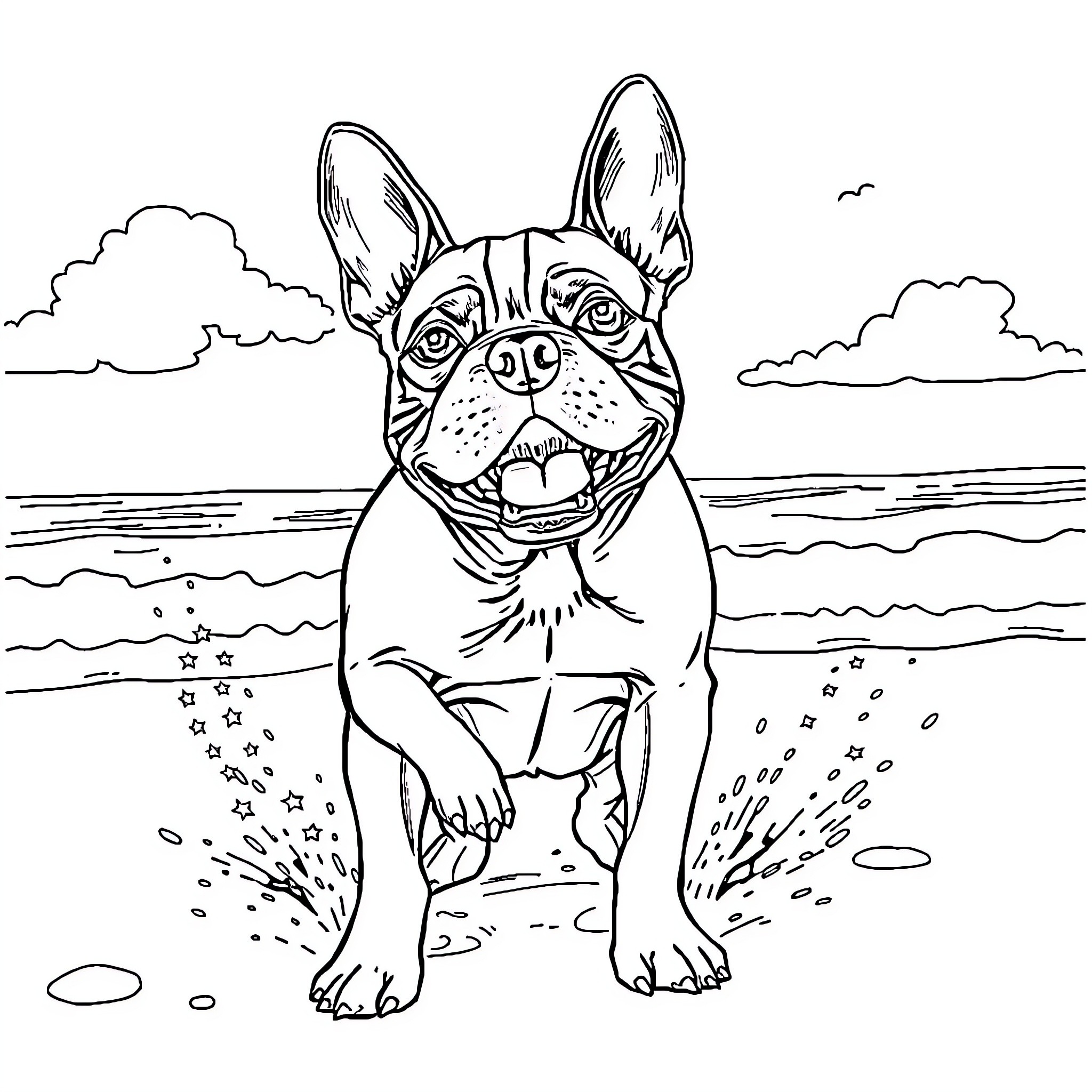 Boston Terrier frolicking at the beach Coloring Page (free black-and-white line drawing printable PDF for all, from beginners to advanced learners, including children, teens, adults, and seniors)