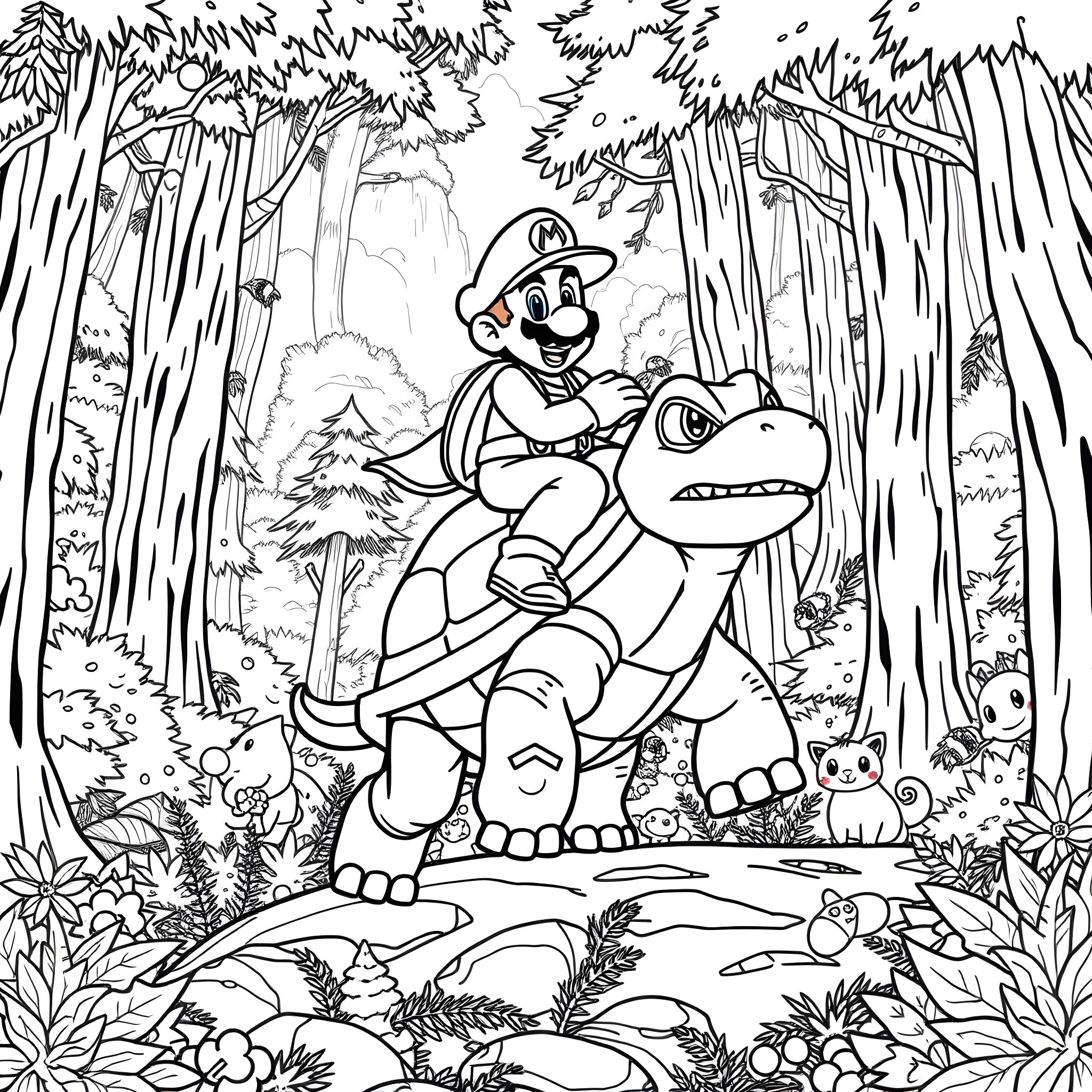 Mario Riding a Dinosaur in the Enchanted Forest Coloring Page (free black-and-white line drawing printable PDF for all, from beginners to advanced learners, including children, teens, adults, and seniors)