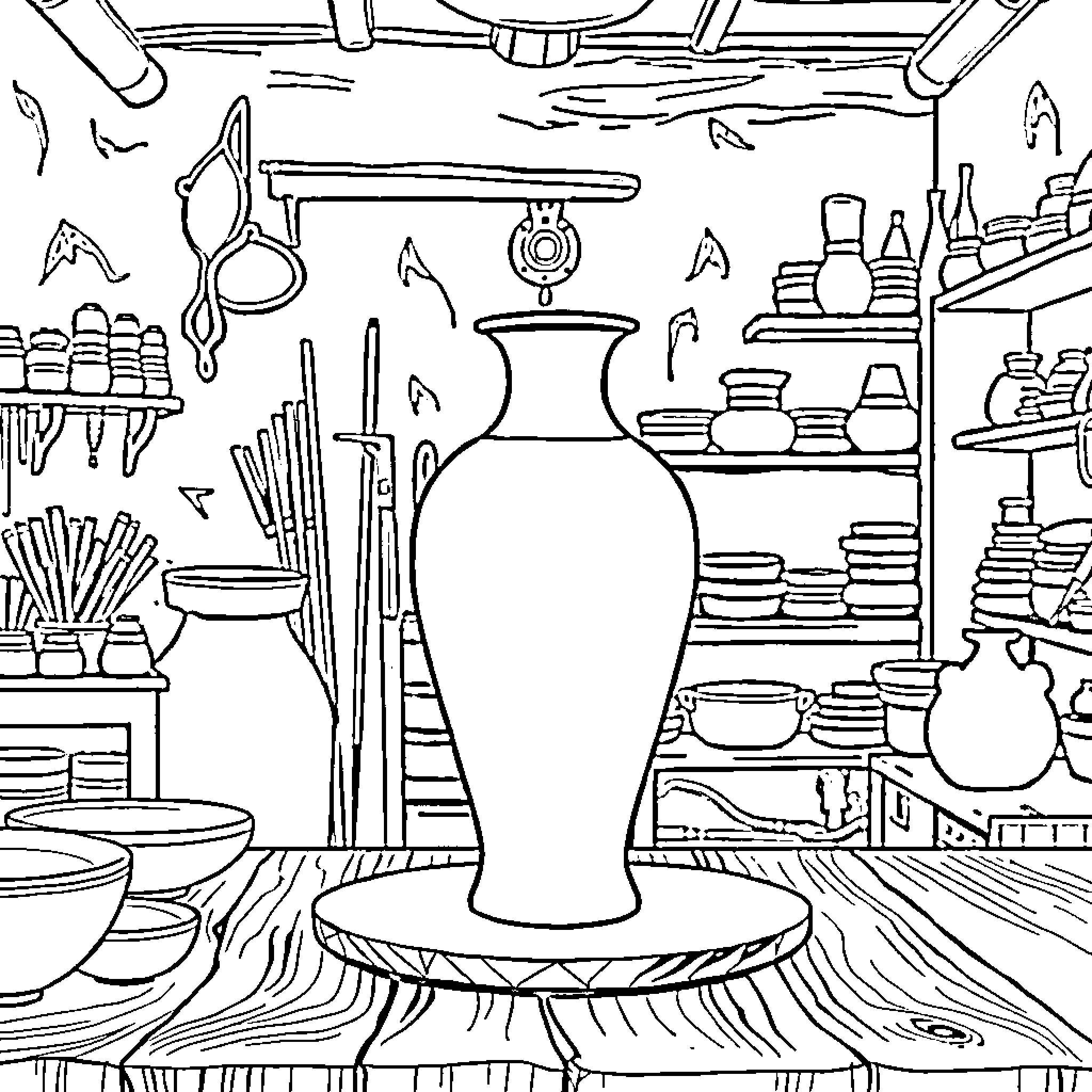 Vase surrounded by art supplies and pottery Coloring Page (free black-and-white line drawing printable PDF for all, from beginners to advanced learners, including children, teens, adults, and seniors)