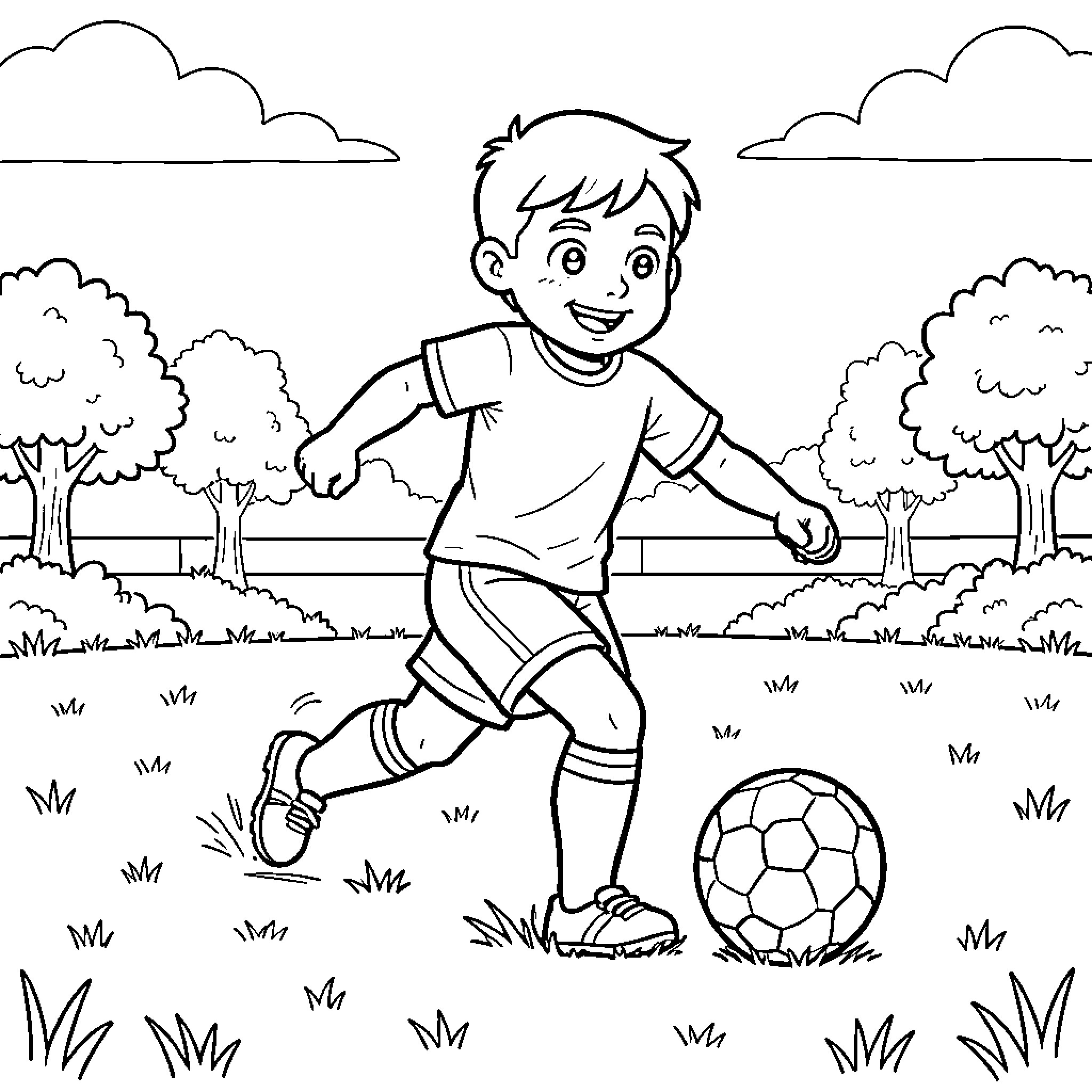 Avatar boy playing soccer in a grassy field Coloring Page (free black-and-white line drawing printable PDF for all, from beginners to advanced learners, including children, teens, adults, and seniors)
