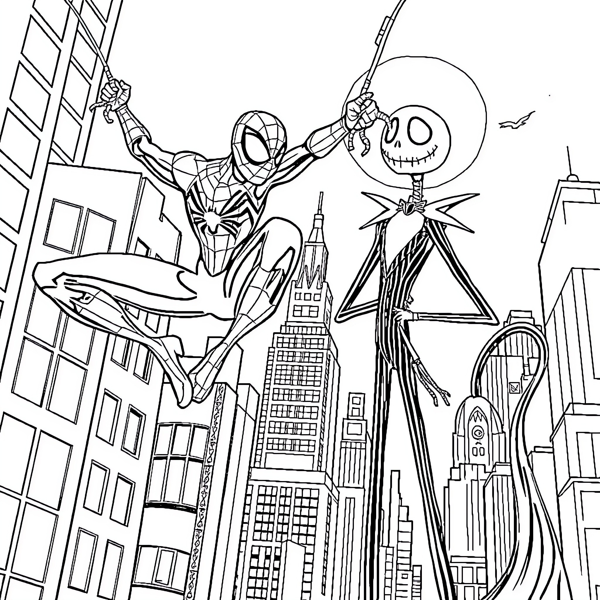 Spider-Man swinging through the city with Jack Skellington Coloring Page (free black-and-white line drawing printable PDF for all, from beginners to advanced learners, including children, teens, adults, and seniors)