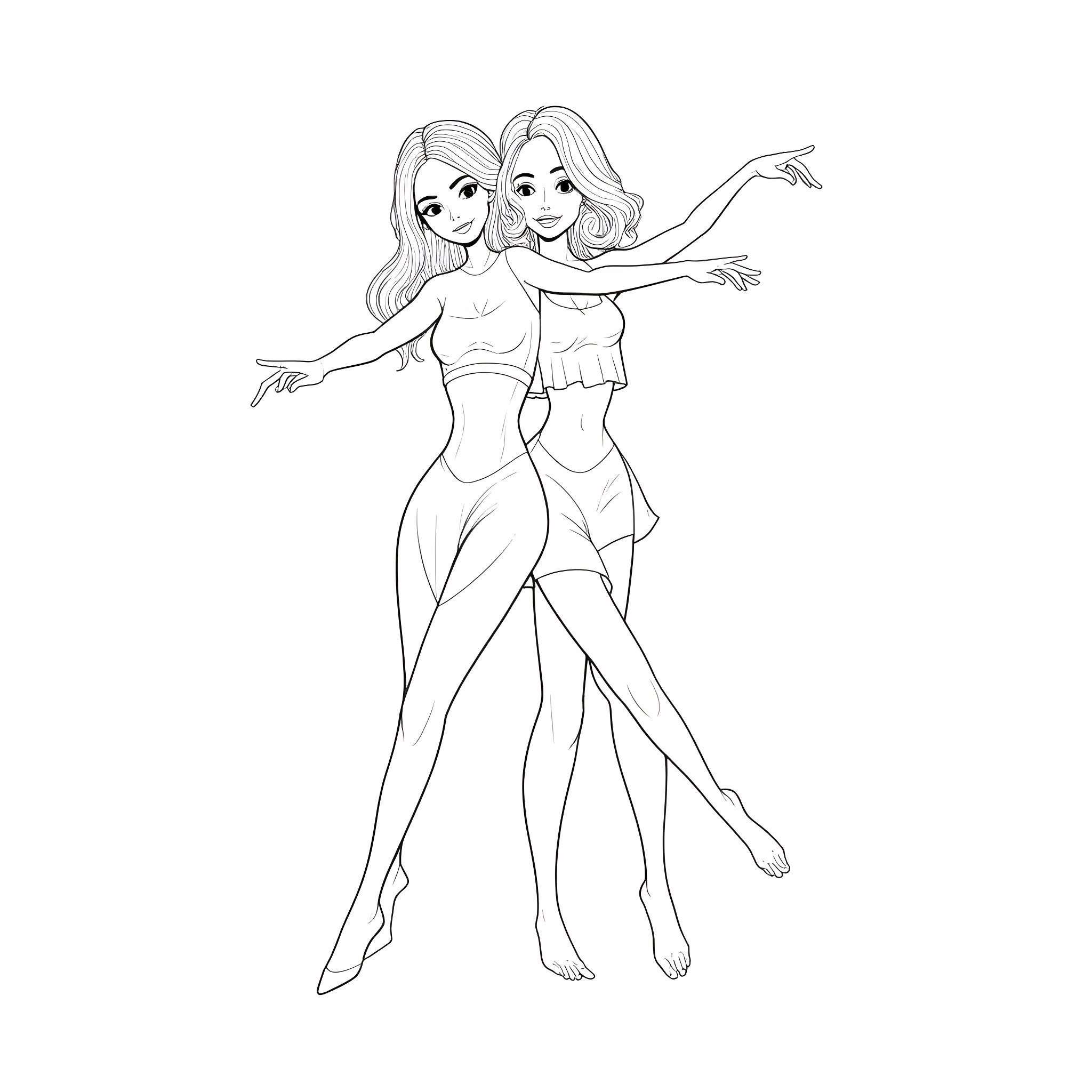 Woman in dance pose with another woman Coloring Page (free black-and-white line drawing printable PDF for all, from beginners to advanced learners, including children, teens, adults, and seniors)