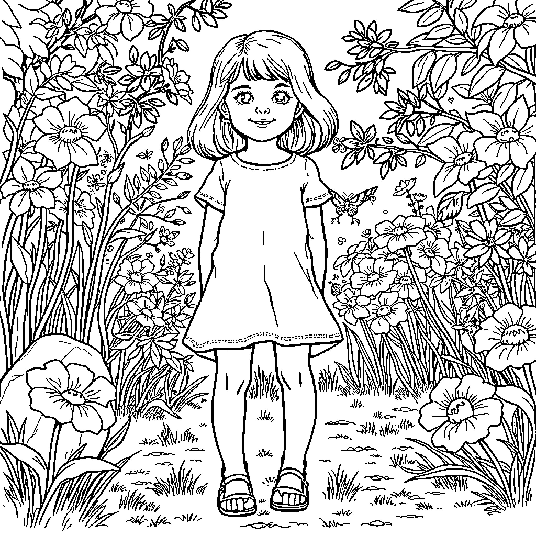 Girl exploring a vibrant floral garden Coloring Page (free black-and-white line drawing printable PDF for all, from beginners to advanced learners, including children, teens, adults, and seniors)