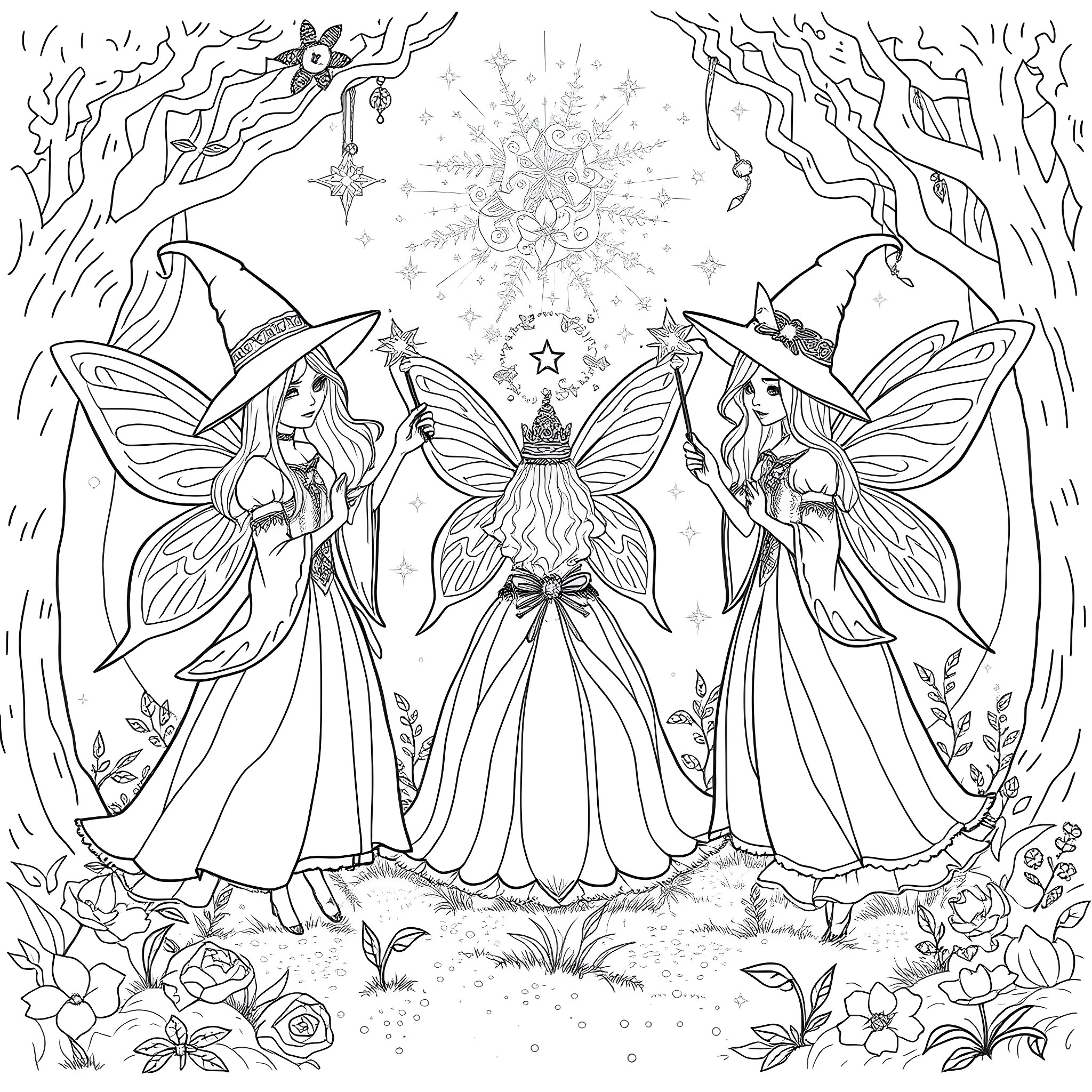 Fairy Godmothers in a Magical Forest Coloring Page (free black-and-white line drawing printable PDF for all, from beginners to advanced learners, including children, teens, adults, and seniors)