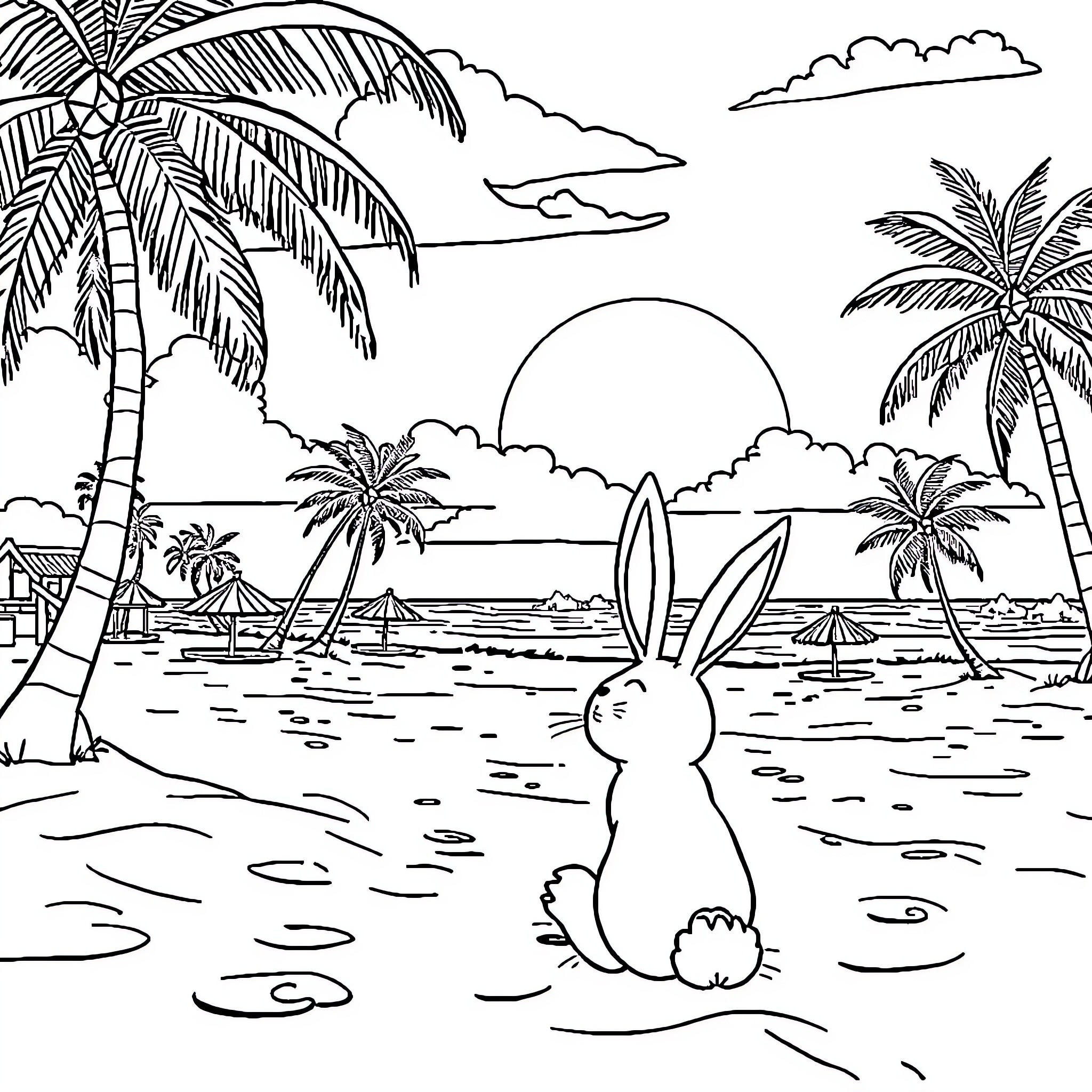 Bad Bunny enjoying the beach scenery Coloring Page (free black-and-white line drawing printable PDF for all, from beginners to advanced learners, including children, teens, adults, and seniors)