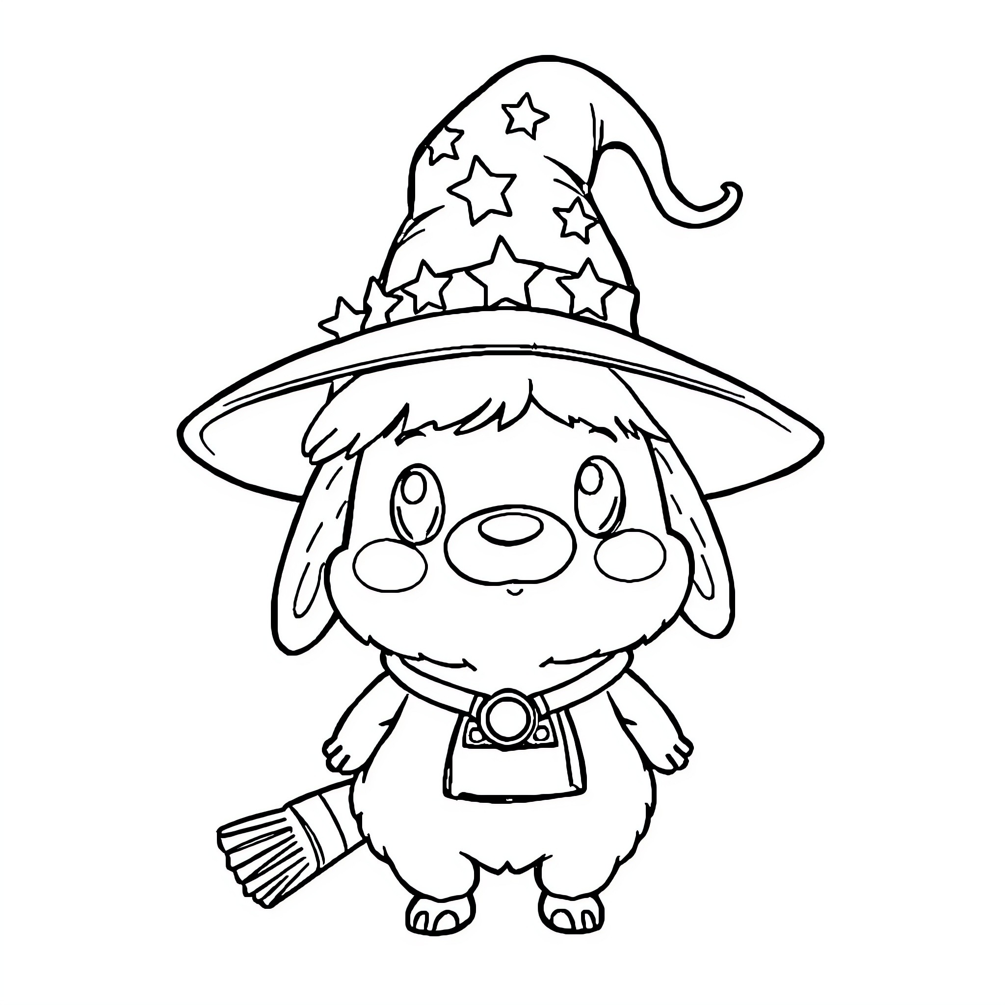 Labubu the Magical Bunny Witch Coloring Page (free black-and-white line drawing printable PDF for all, from beginners to advanced learners, including children, teens, adults, and seniors)