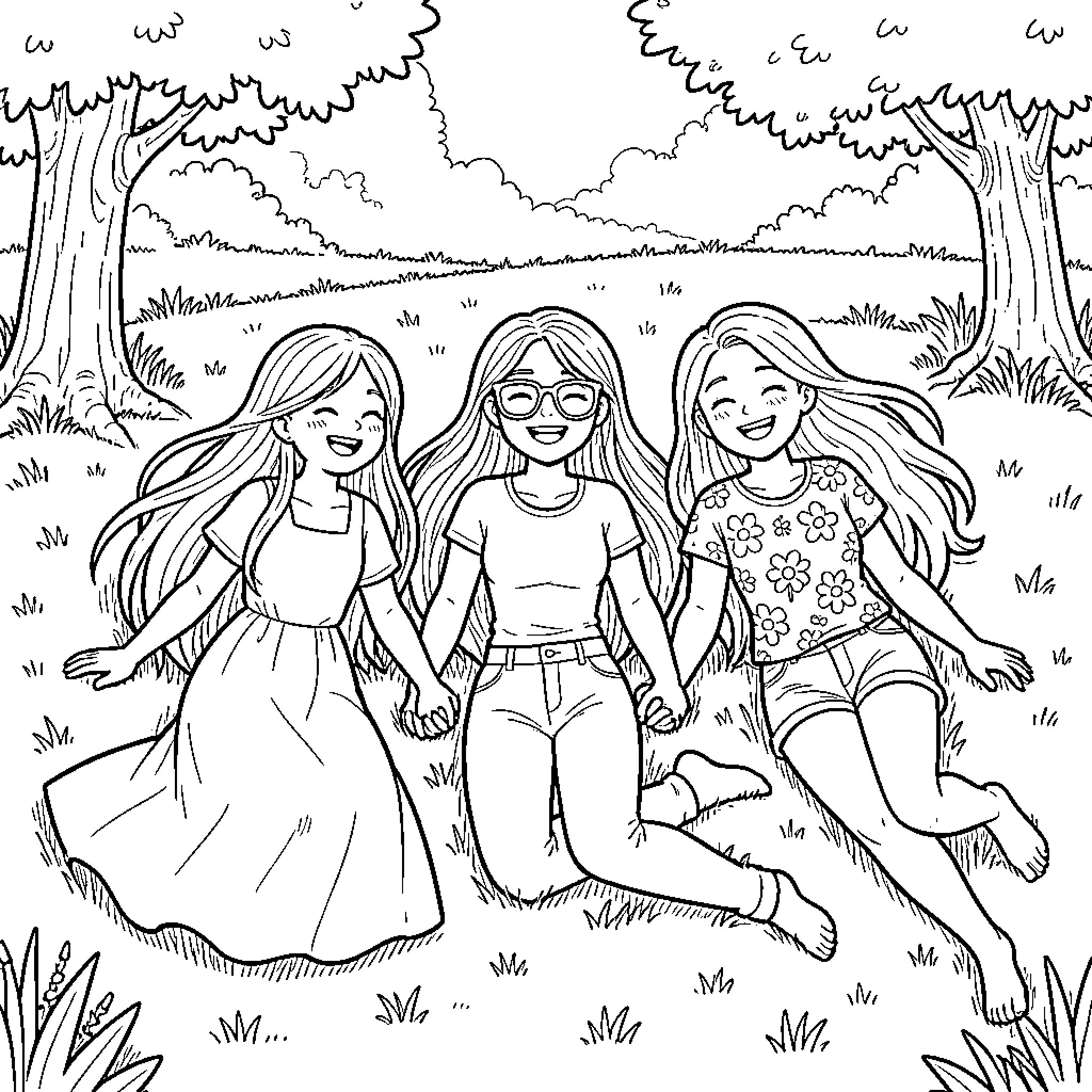 Fille friends enjoying nature together Coloring Page (free black-and-white line drawing printable PDF for all, from beginners to advanced learners, including children, teens, adults, and seniors)