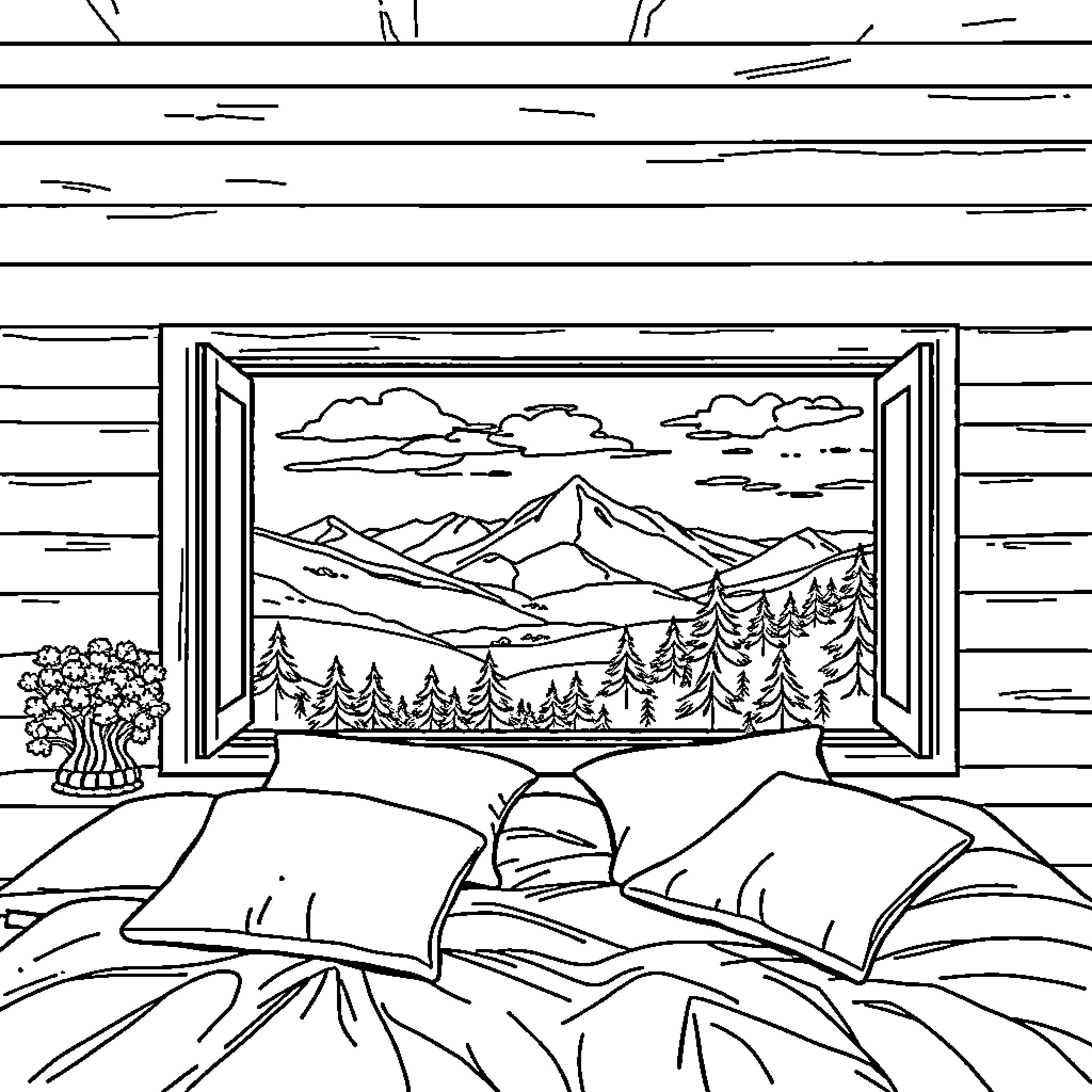 Bedroom with scenic mountain landscape Coloring Page (free black-and-white line drawing printable PDF for all, from beginners to advanced learners, including children, teens, adults, and seniors)
