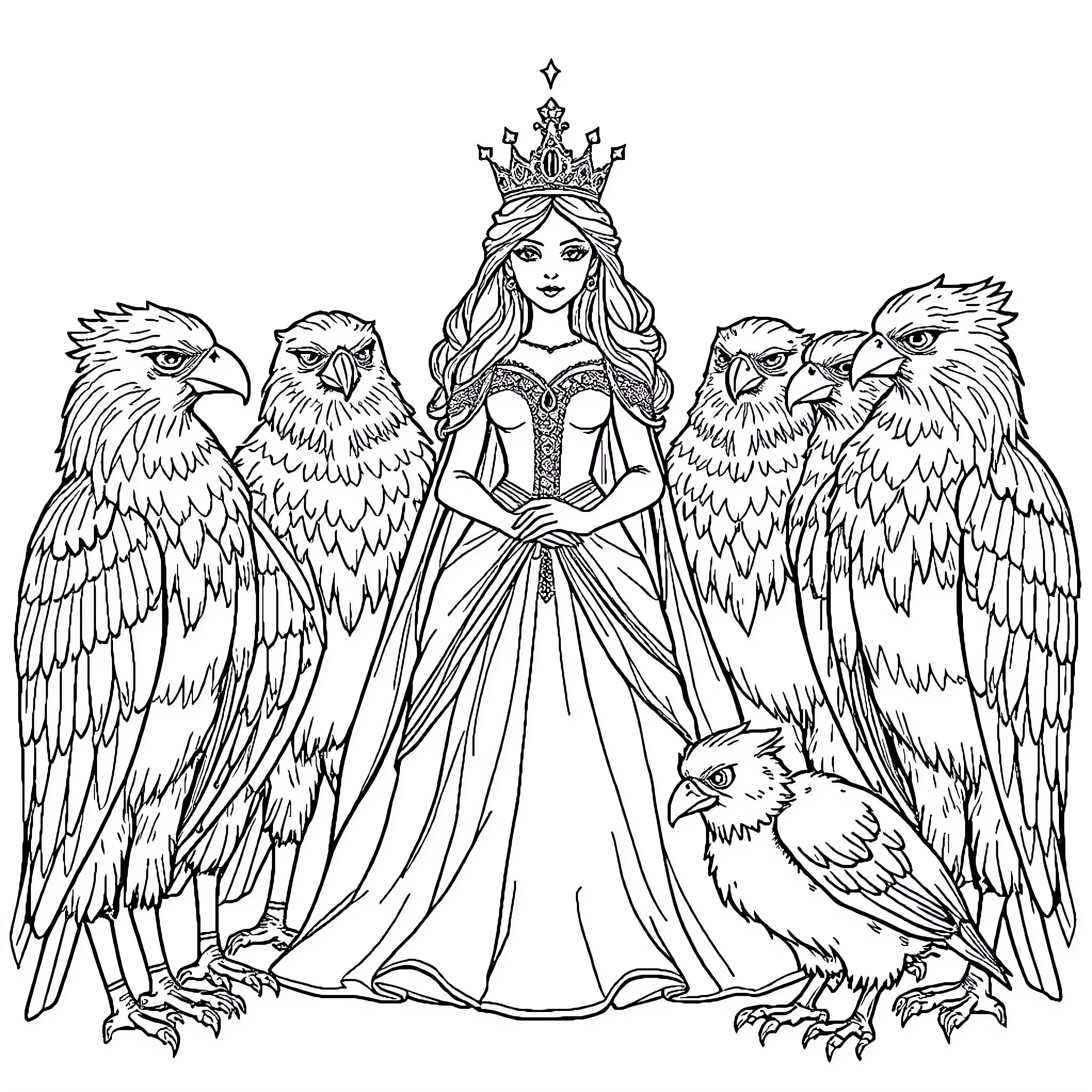 Princess in Regal Attire Surrounded by Majestic Eagles Coloring Page (free black-and-white line drawing printable PDF for all, from beginners to advanced learners, including children, teens, adults, and seniors)