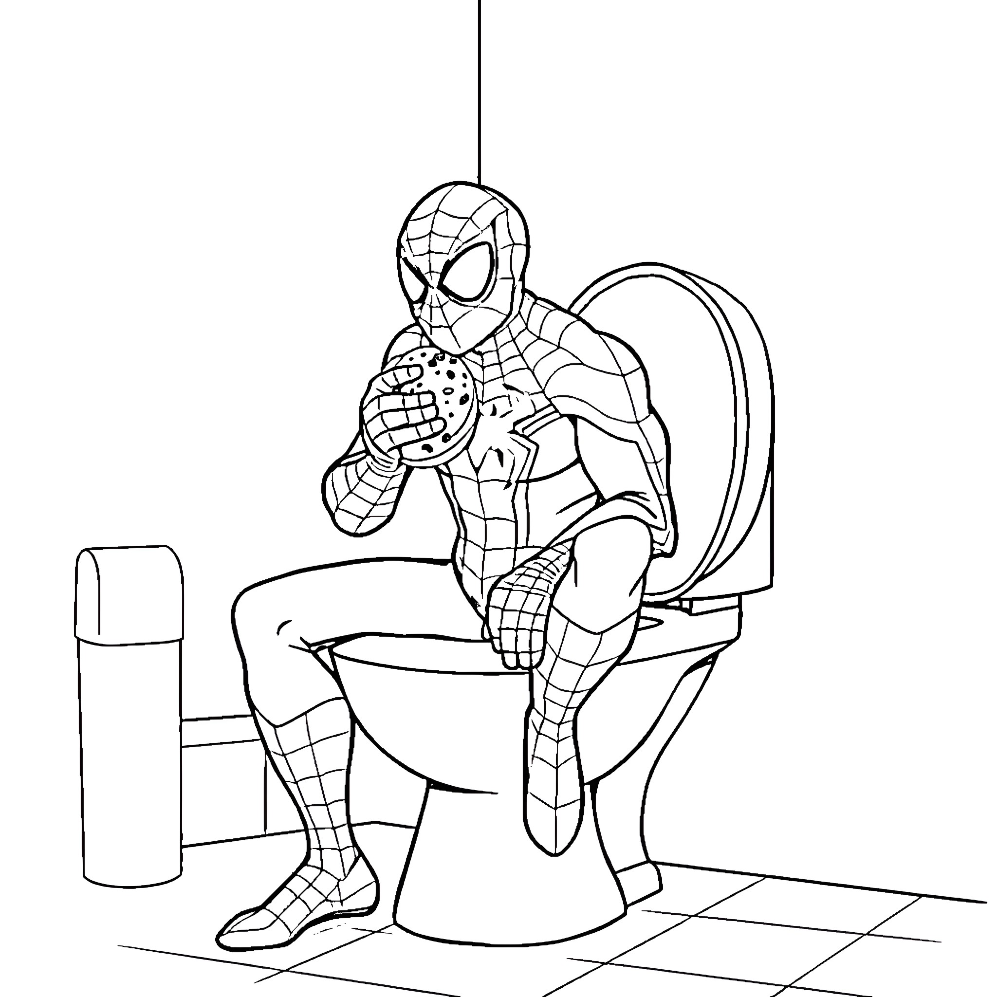 Spiderman relaxing on the toilet Coloring Page (free black-and-white line drawing printable PDF for all, from beginners to advanced learners, including children, teens, adults, and seniors)