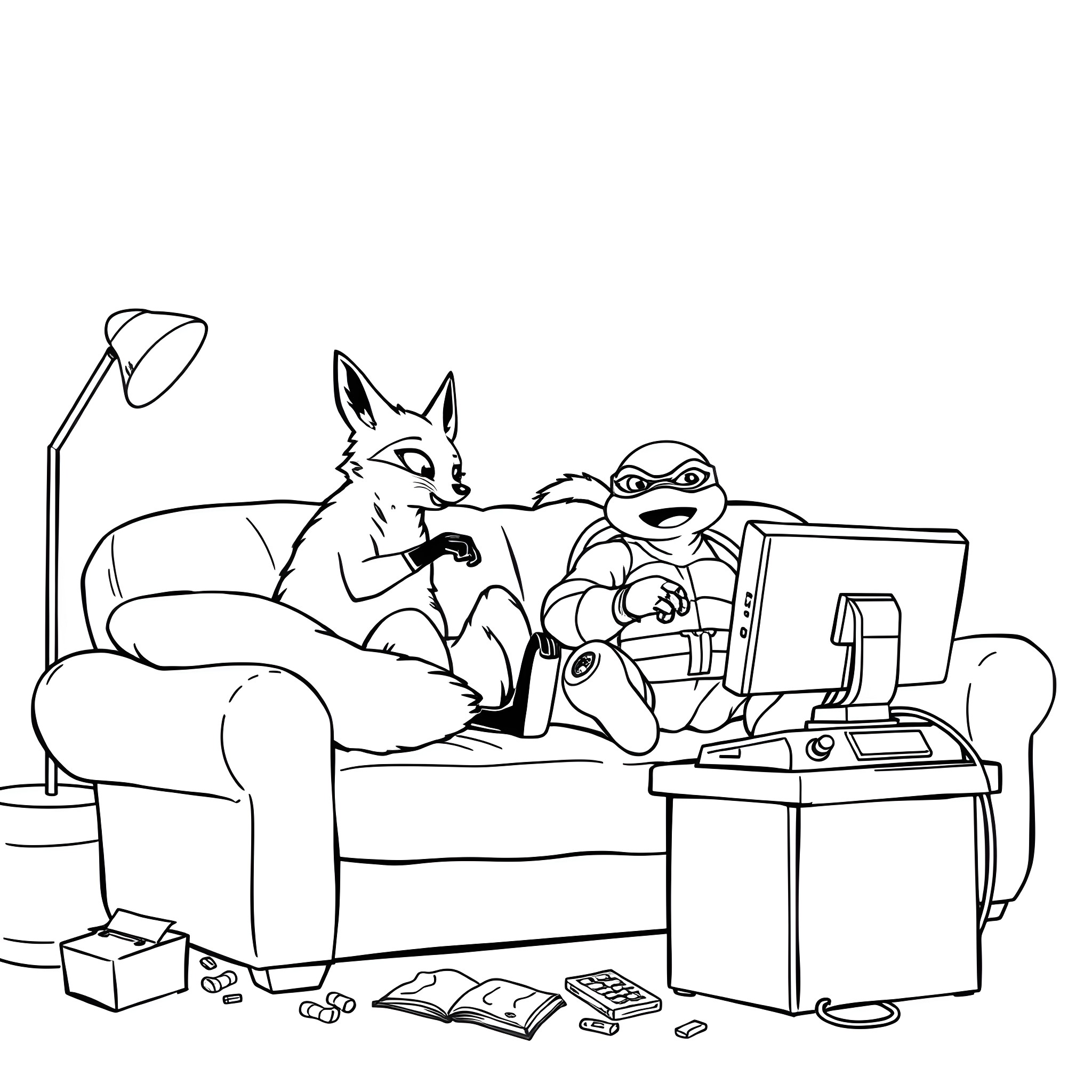 Fox and turtle enjoy gaming together at home Coloring Page (free black-and-white line drawing printable PDF for all, from beginners to advanced learners, including children, teens, adults, and seniors)