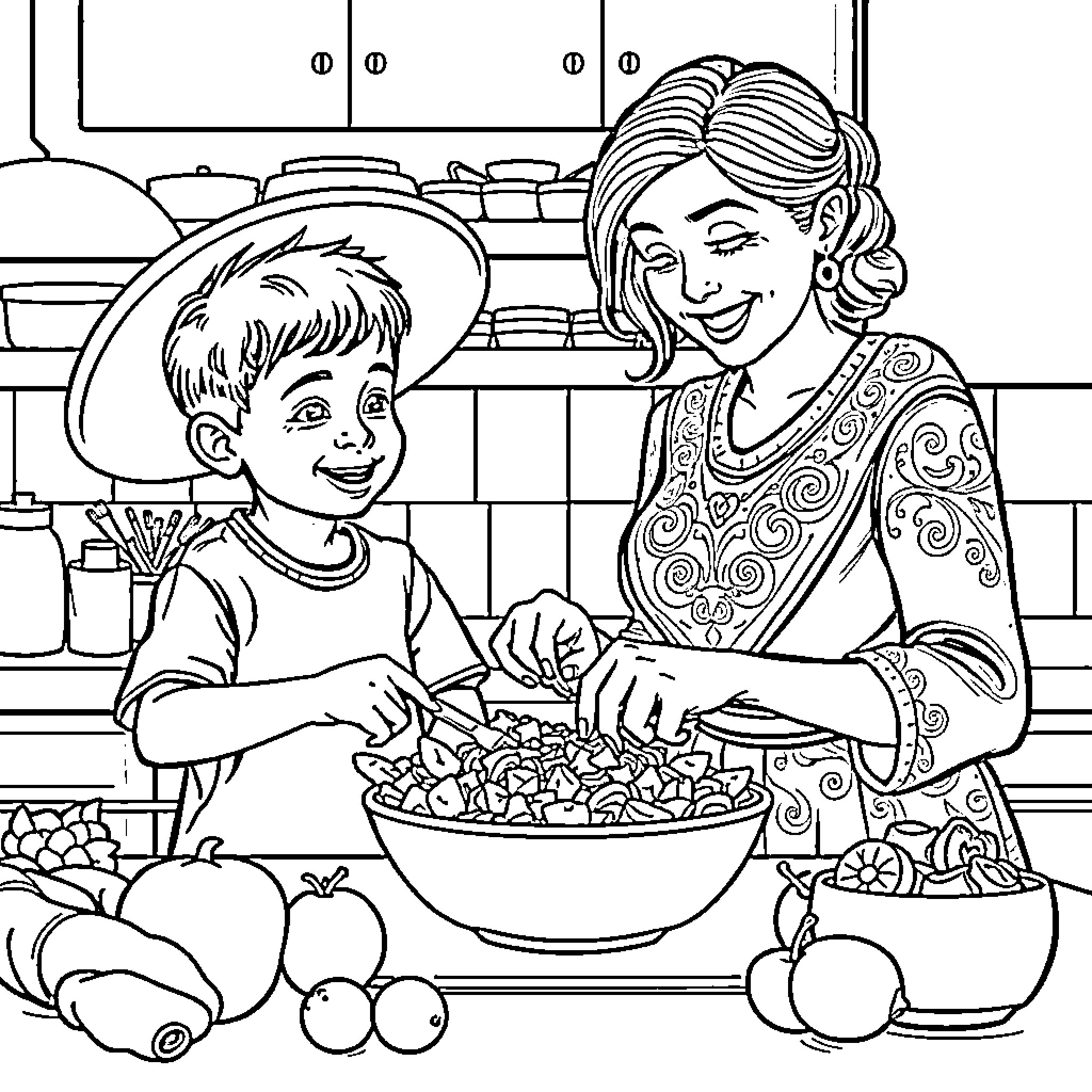 Boy and woman preparing food together in the kitchen Coloring Page (free black-and-white line drawing printable PDF for all, from beginners to advanced learners, including children, teens, adults, and seniors)