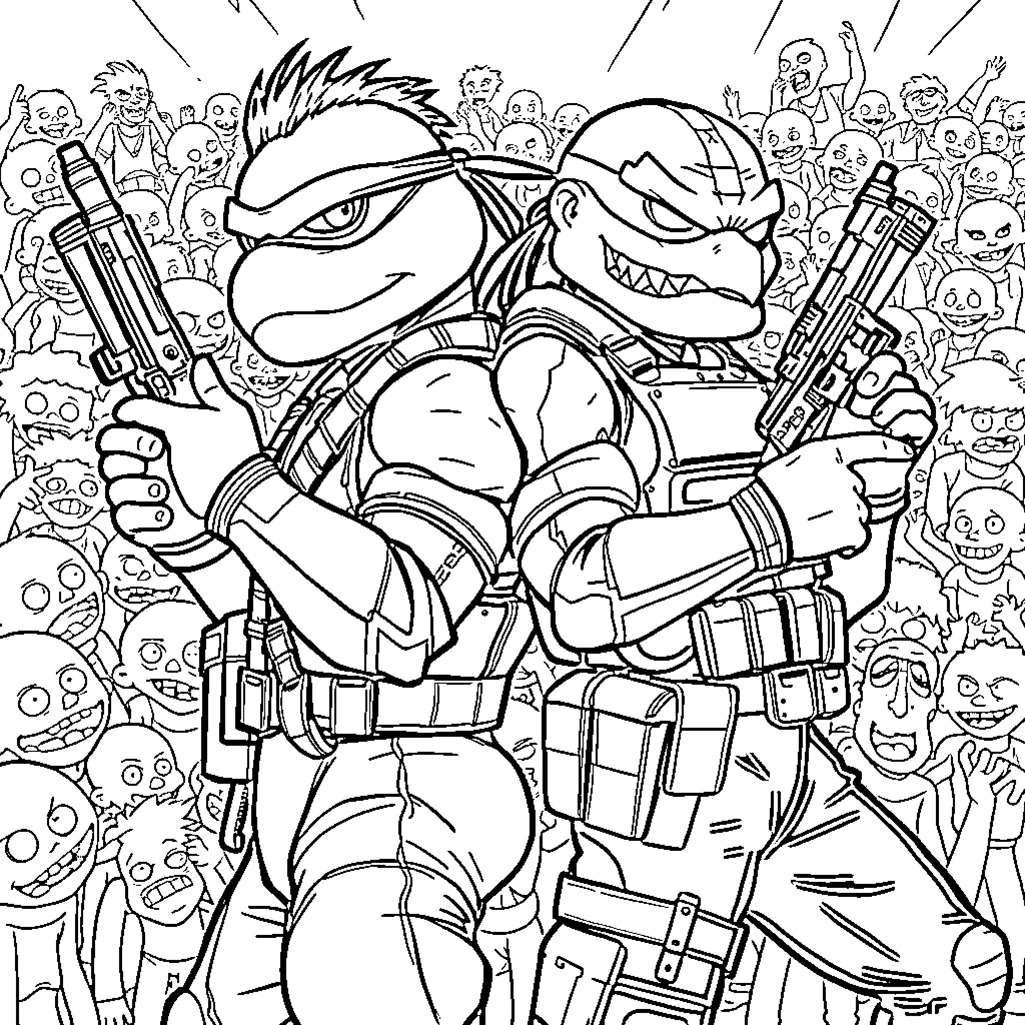 Solid Snake leading a tactical team in combat Coloring Page (free black-and-white line drawing printable PDF for all, from beginners to advanced learners, including children, teens, adults, and seniors)