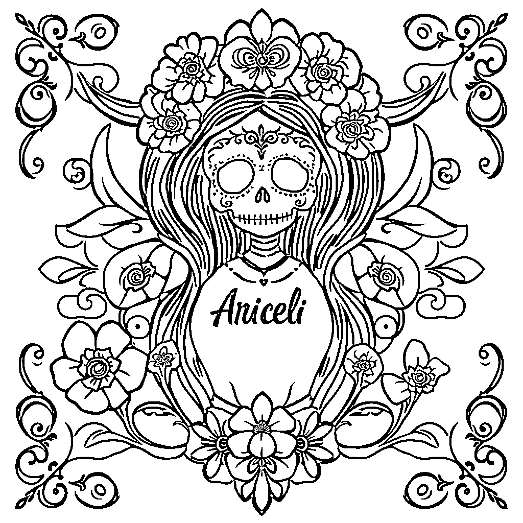 Paper with Floral Skull Art Coloring Page (free black-and-white line drawing printable PDF for all, from beginners to advanced learners, including children, teens, adults, and seniors)