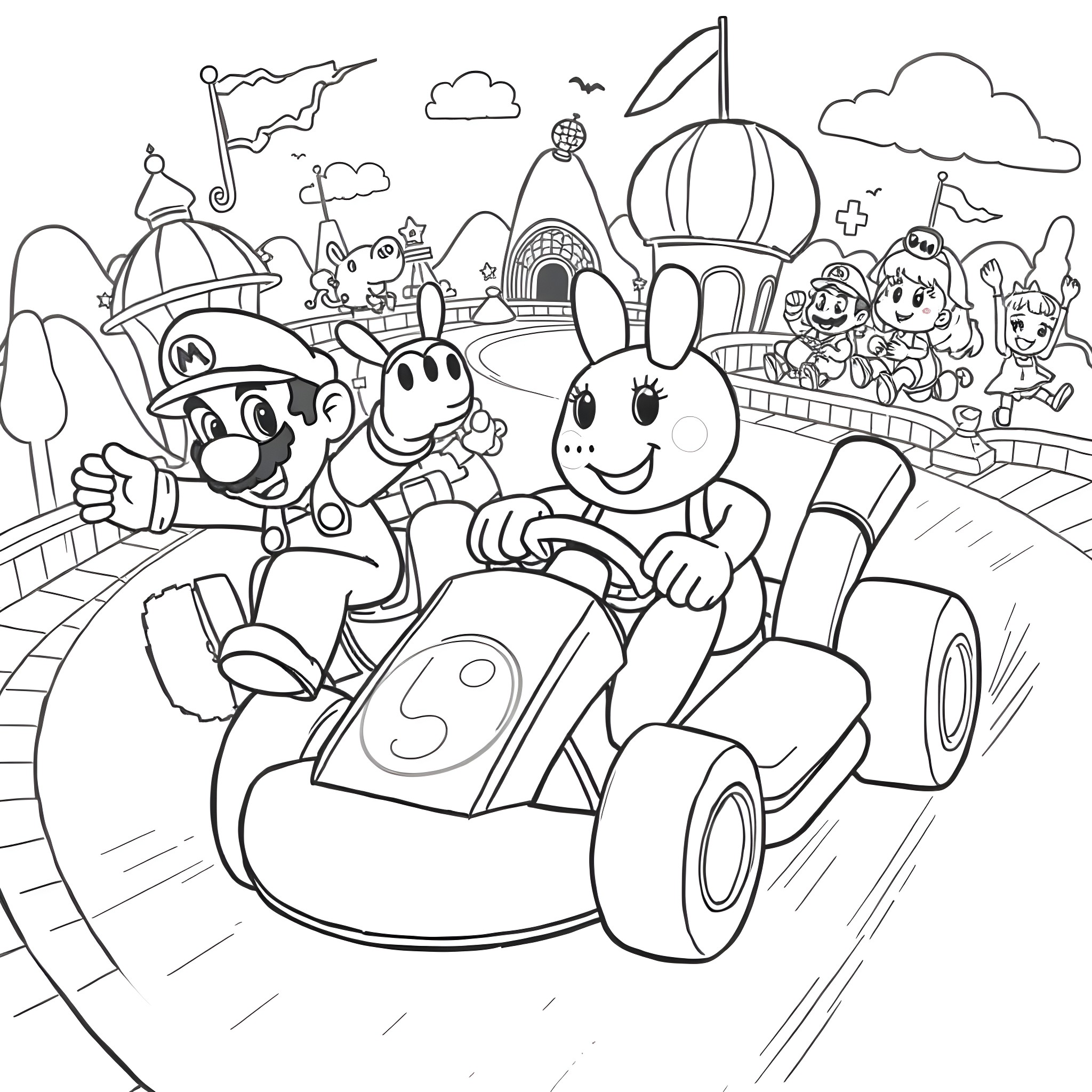 Mario Kart Racing Adventure in Cartoon World Coloring Page (free black-and-white line drawing printable PDF for all, from beginners to advanced learners, including children, teens, adults, and seniors)
