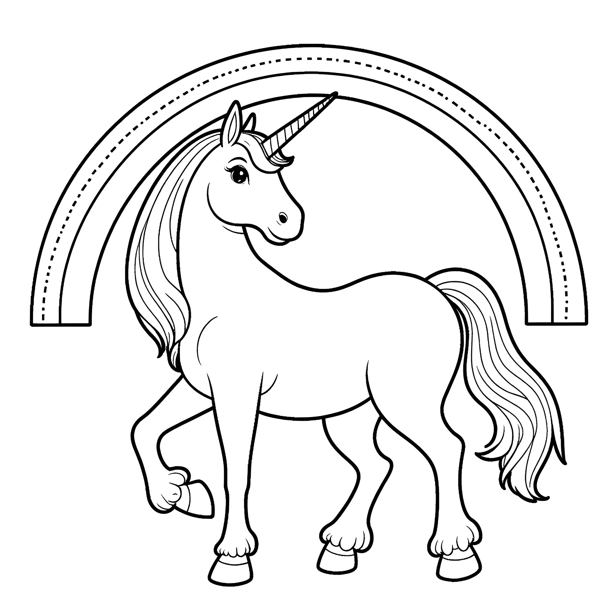Unicorn standing proudly in a rainbow archway Coloring Page (free black-and-white line drawing printable PDF for all, from beginners to advanced learners, including children, teens, adults, and seniors)