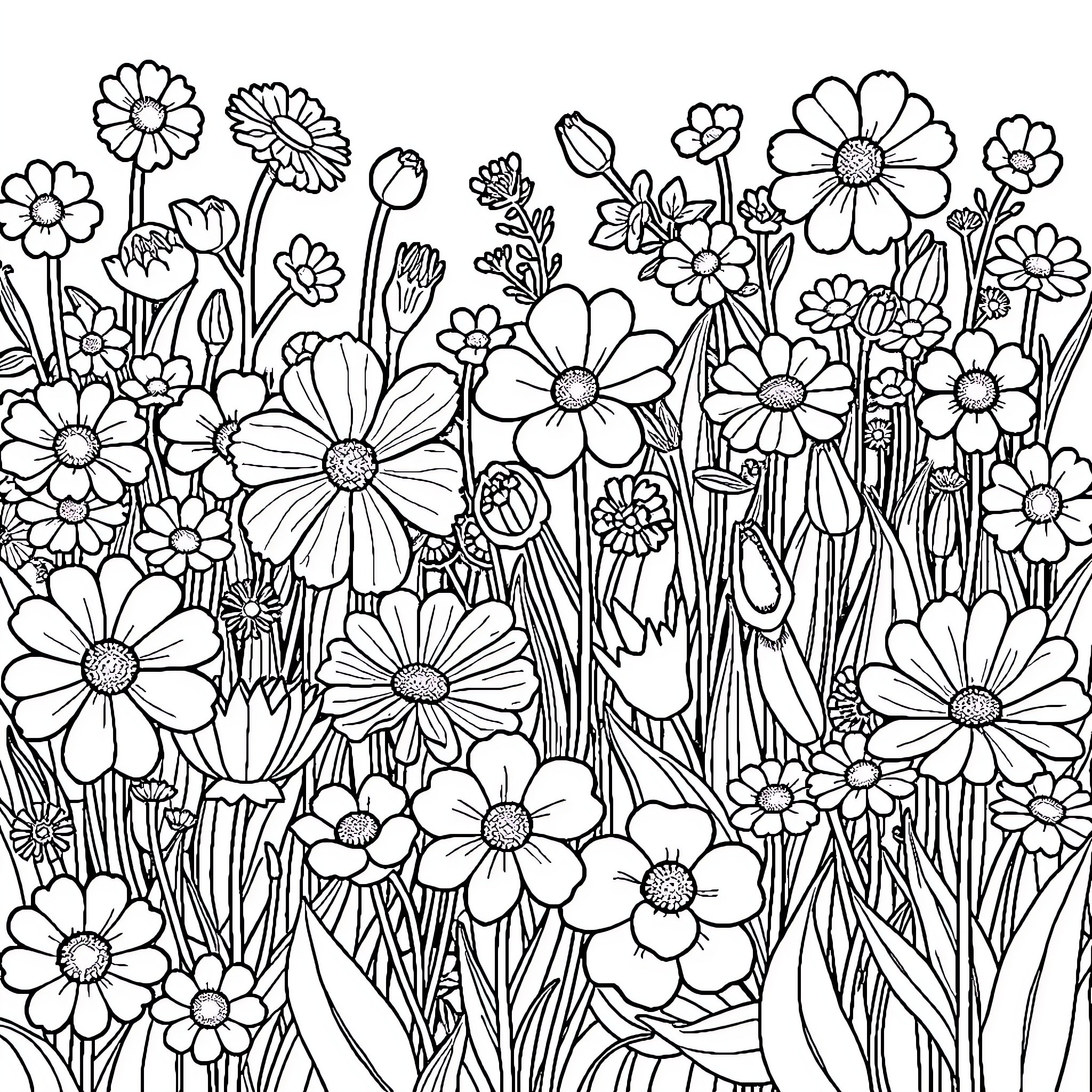 Flower garden filled with various blossoms Coloring Page (free black-and-white line drawing printable PDF for all, from beginners to advanced learners, including children, teens, adults, and seniors)