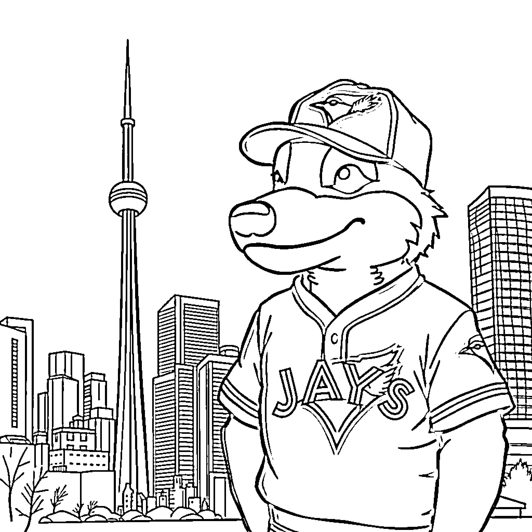 Huntrix mascot character at the city skyline Coloring Page (free black-and-white line drawing printable PDF for all, from beginners to advanced learners, including children, teens, adults, and seniors)