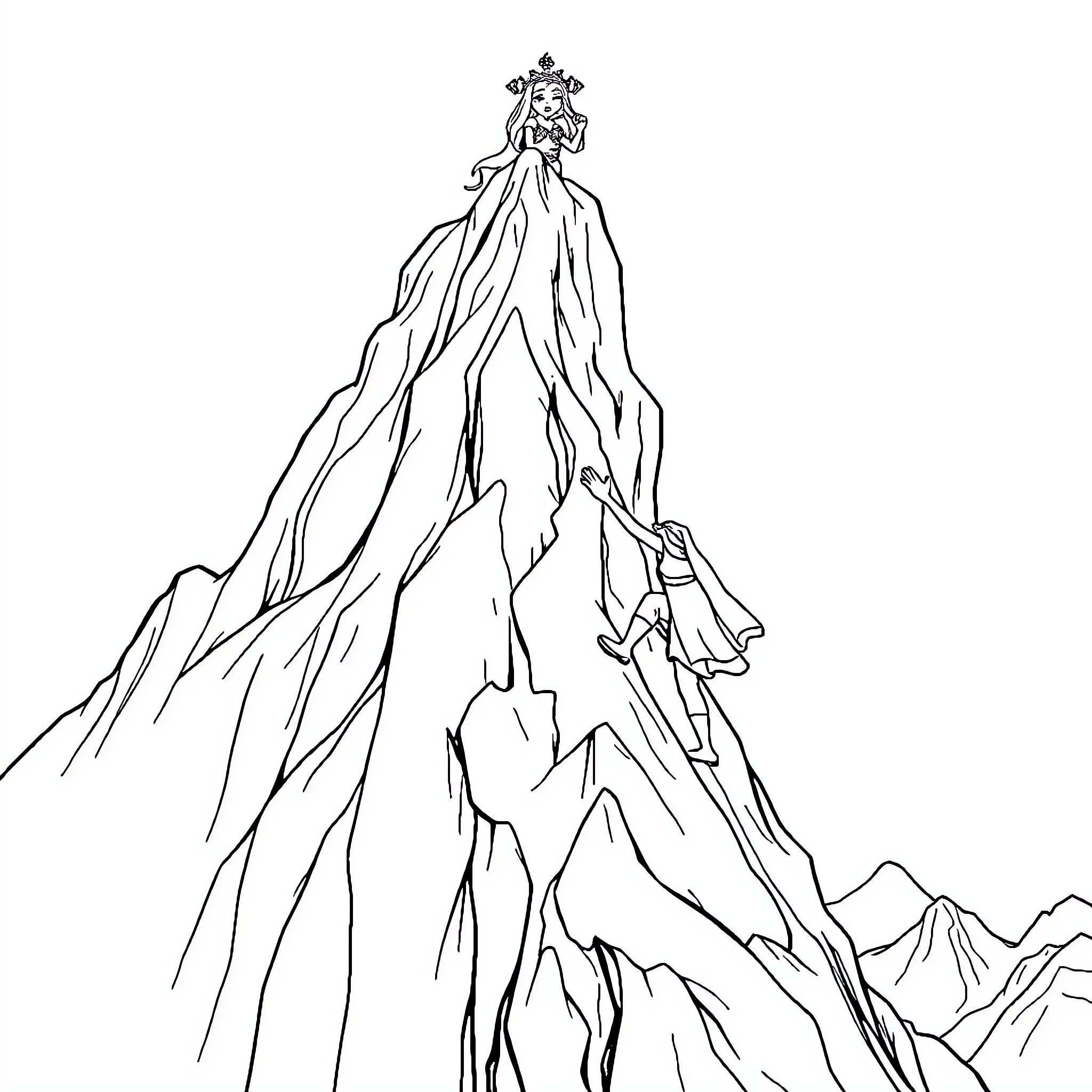 Princess in a Flowing Gown on a Mountainous Landscape Coloring Page (free black-and-white line drawing printable PDF for all, from beginners to advanced learners, including children, teens, adults, and seniors)