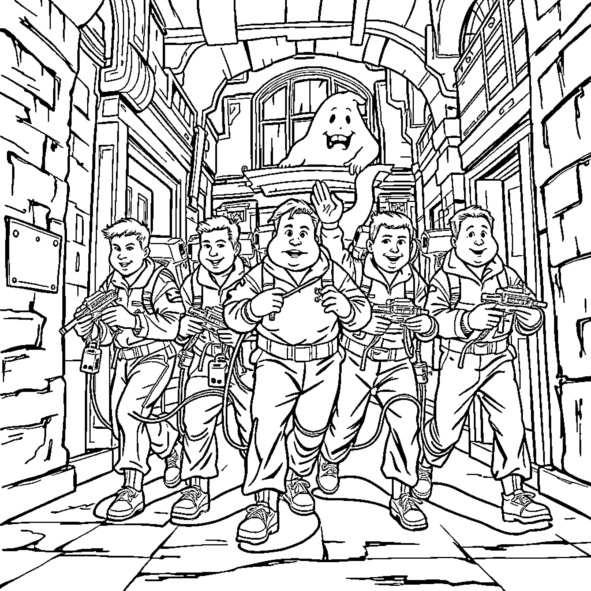 Ghostbusters team ready for action in paranormal activity Coloring Page (free black-and-white line drawing printable PDF for all, from beginners to advanced learners, including children, teens, adults, and seniors)