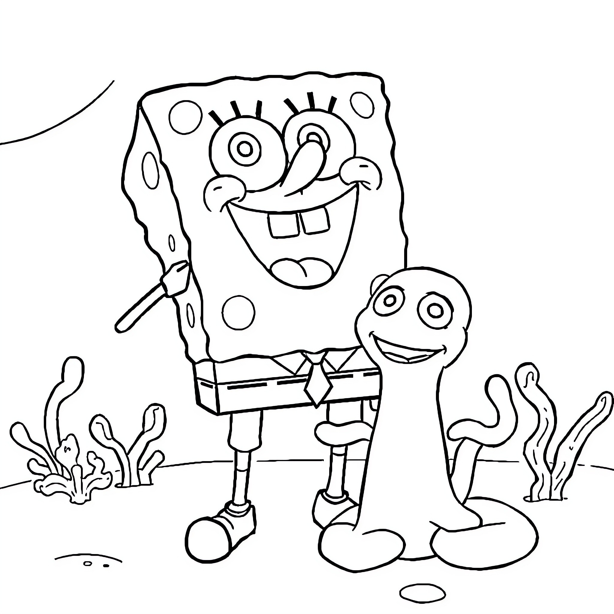 Spongebob and his friend in a playful underwater scene Coloring Page (free black-and-white line drawing printable PDF for all, from beginners to advanced learners, including children, teens, adults, and seniors)