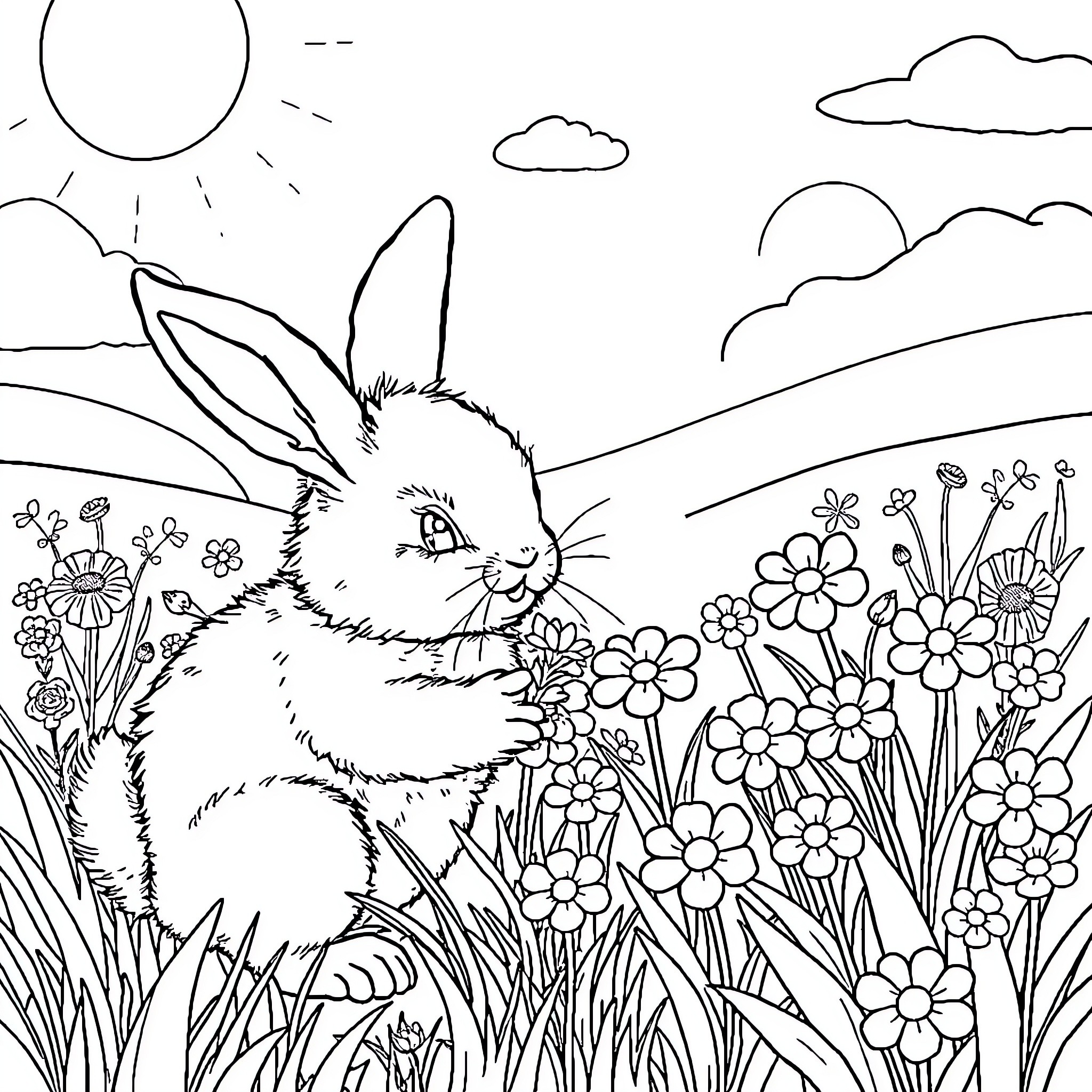 Bunny frolicking in a flower-filled meadow Coloring Page (free black-and-white line drawing printable PDF for all, from beginners to advanced learners, including children, teens, adults, and seniors)