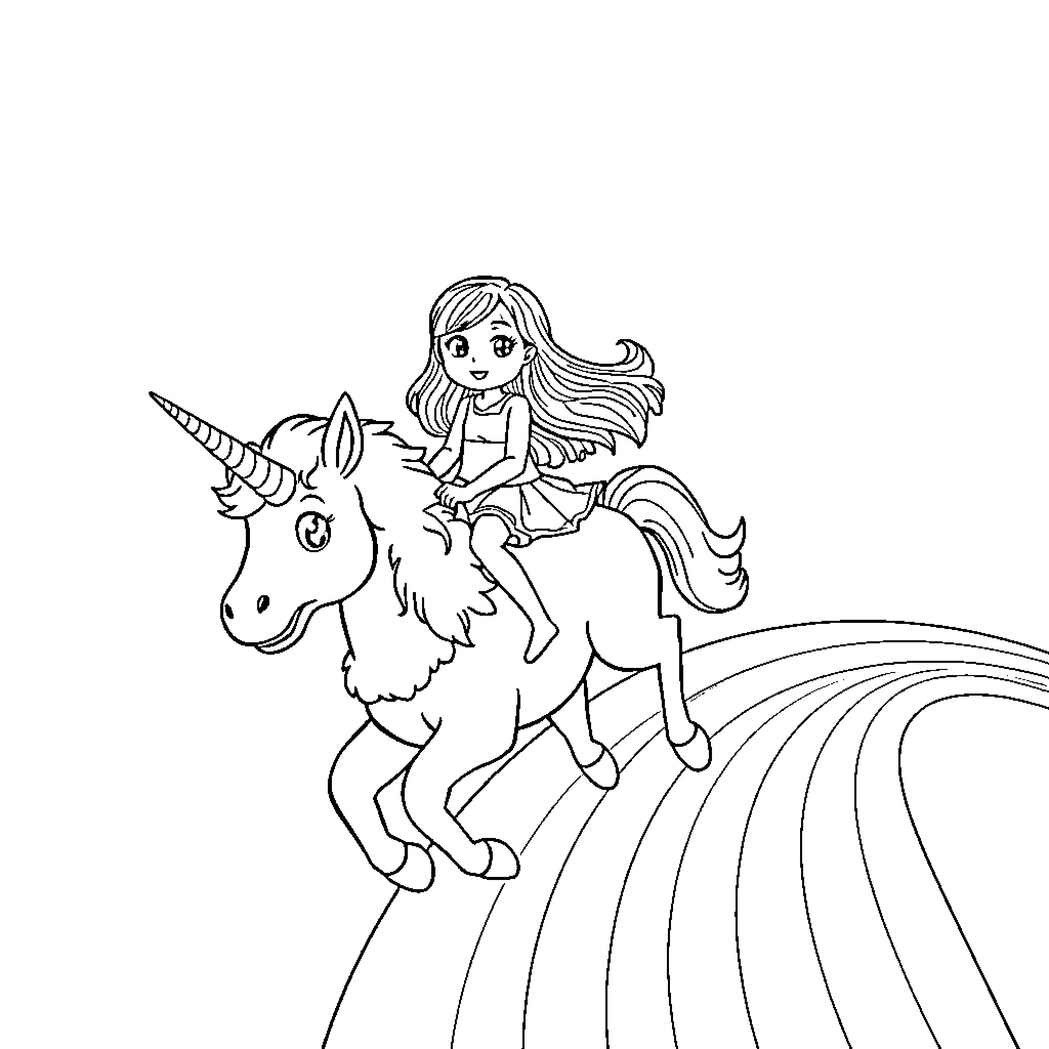Unicorn fantasy - Girl riding majestic unicorn Coloring Page (free black-and-white line drawing printable PDF for all, from beginners to advanced learners, including children, teens, adults, and seniors)