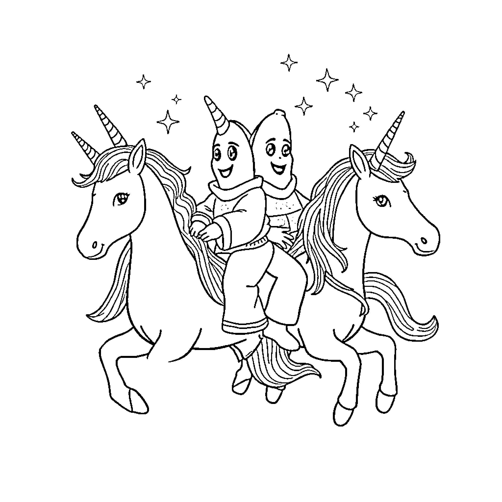 Banana Unicorns Riding Happily with Stars Coloring Page (free black-and-white line drawing printable PDF for all, from beginners to advanced learners, including children, teens, adults, and seniors)