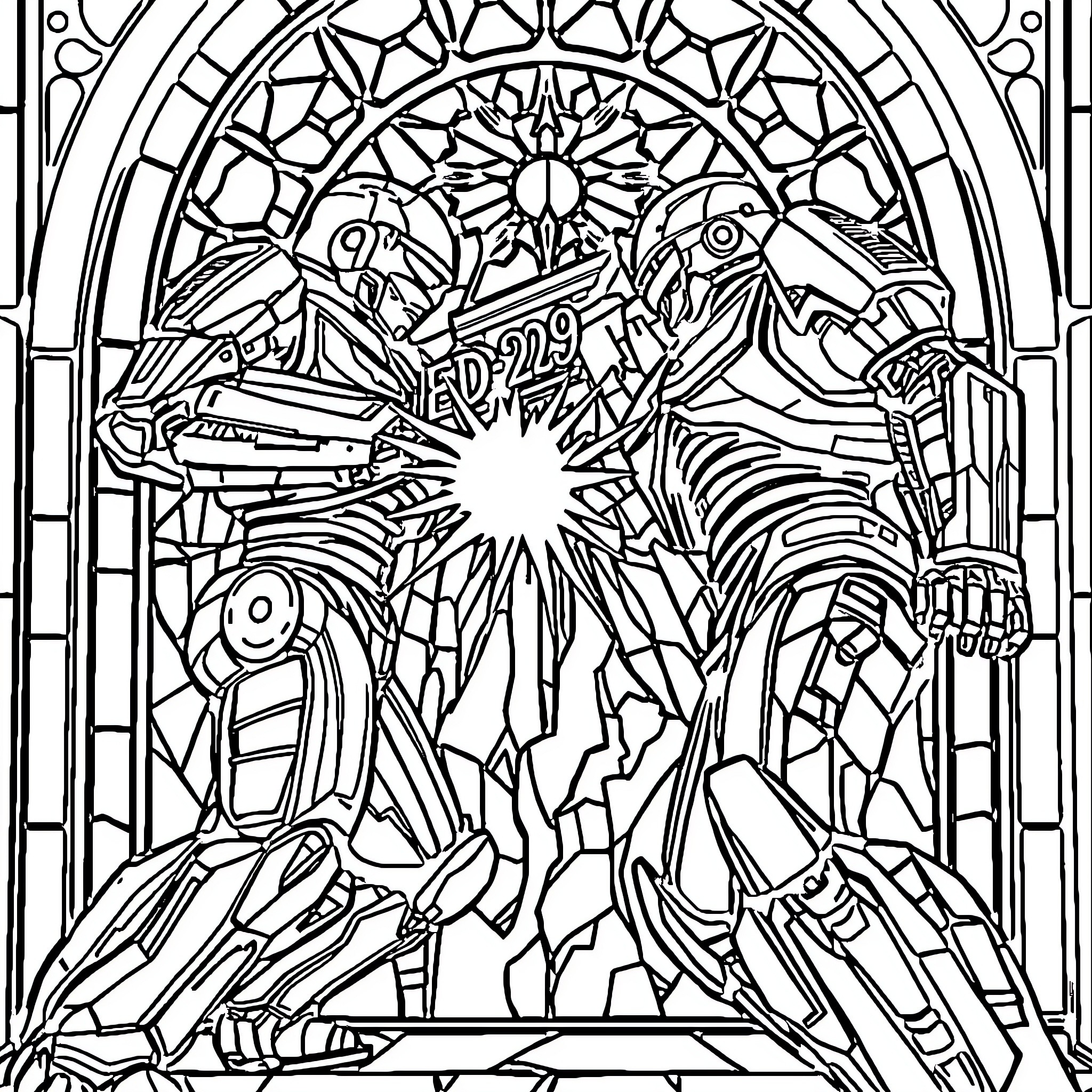 Robocop in Futuristic Stained Glass Mosaic Coloring Page (free black-and-white line drawing printable PDF for all, from beginners to advanced learners, including children, teens, adults, and seniors)