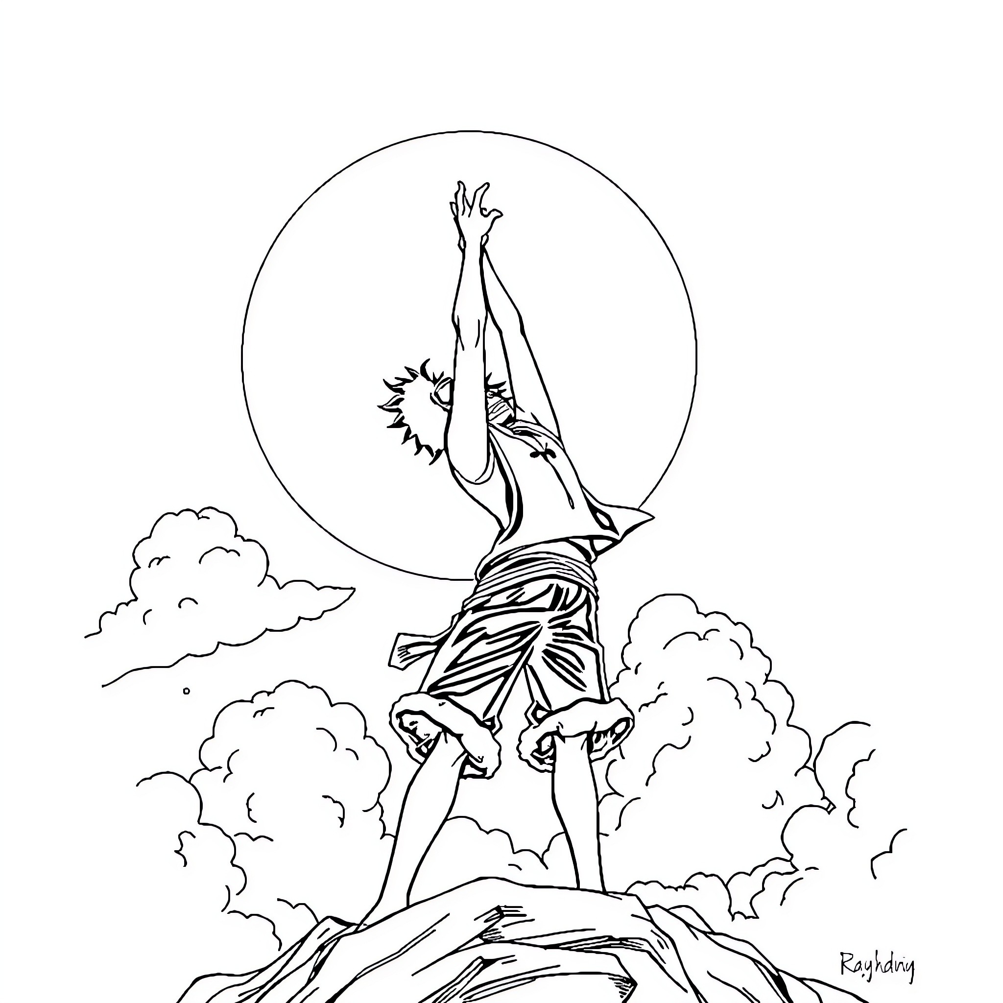 Luffy reaching for the sun with determination Coloring Page (free black-and-white line drawing printable PDF for all, from beginners to advanced learners, including children, teens, adults, and seniors)