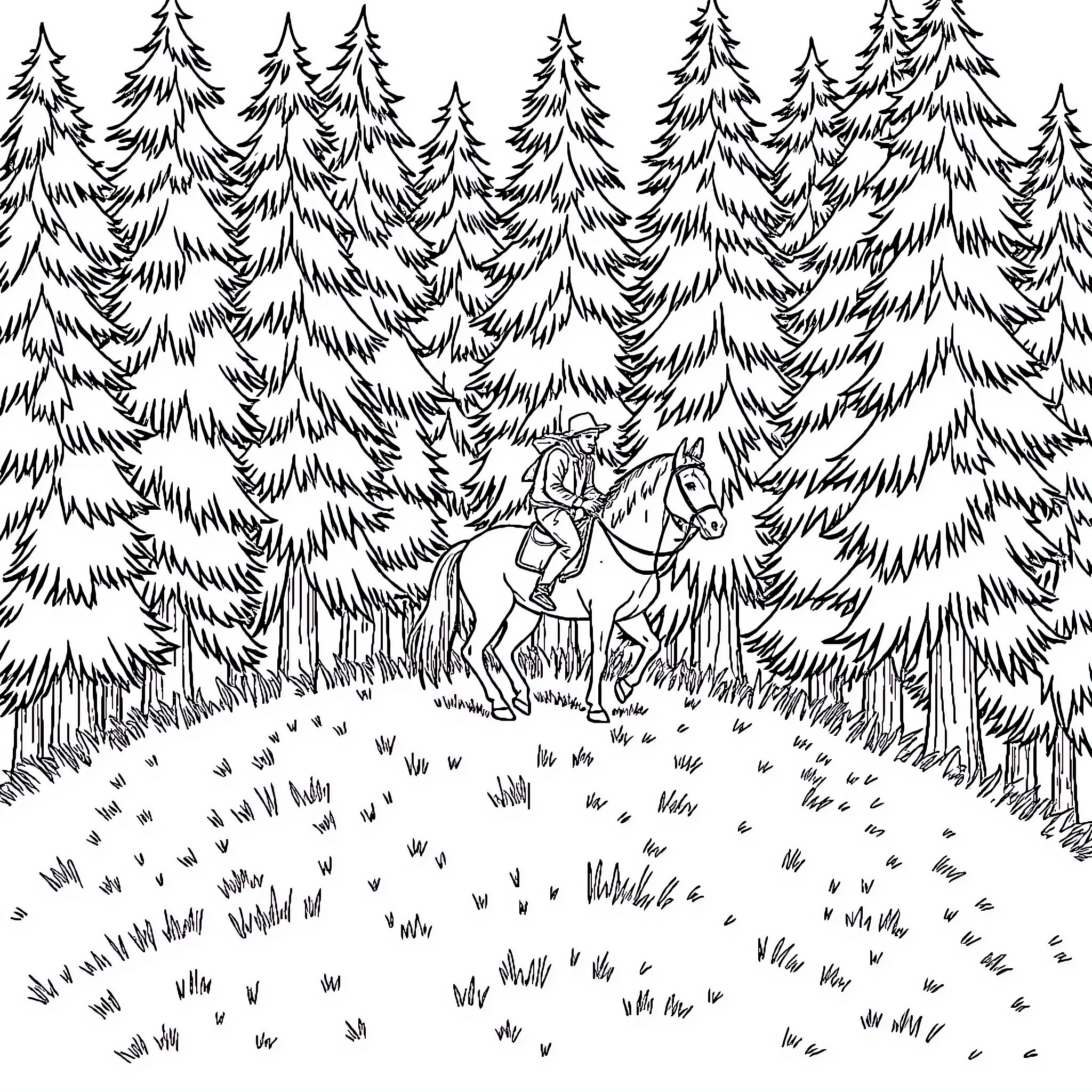Horse Rider Exploring the Snowy Forest Coloring Page (free black-and-white line drawing printable PDF for all, from beginners to advanced learners, including children, teens, adults, and seniors)