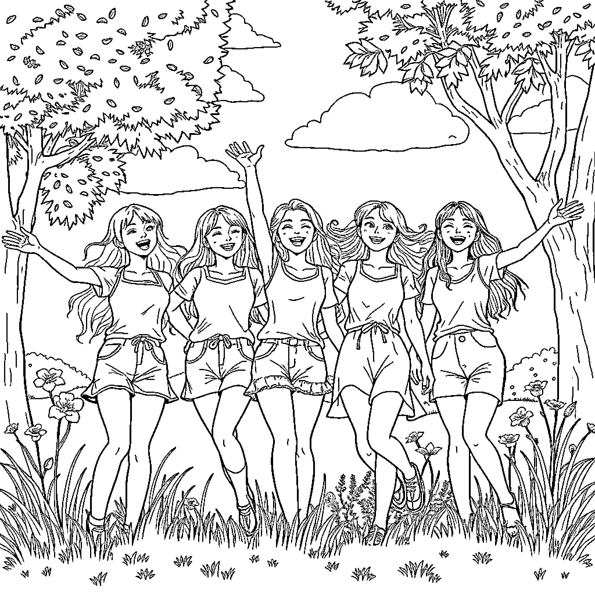 Girls enjoying nature in an outdoor scene Coloring Page (free black-and-white line drawing printable PDF for all, from beginners to advanced learners, including children, teens, adults, and seniors)