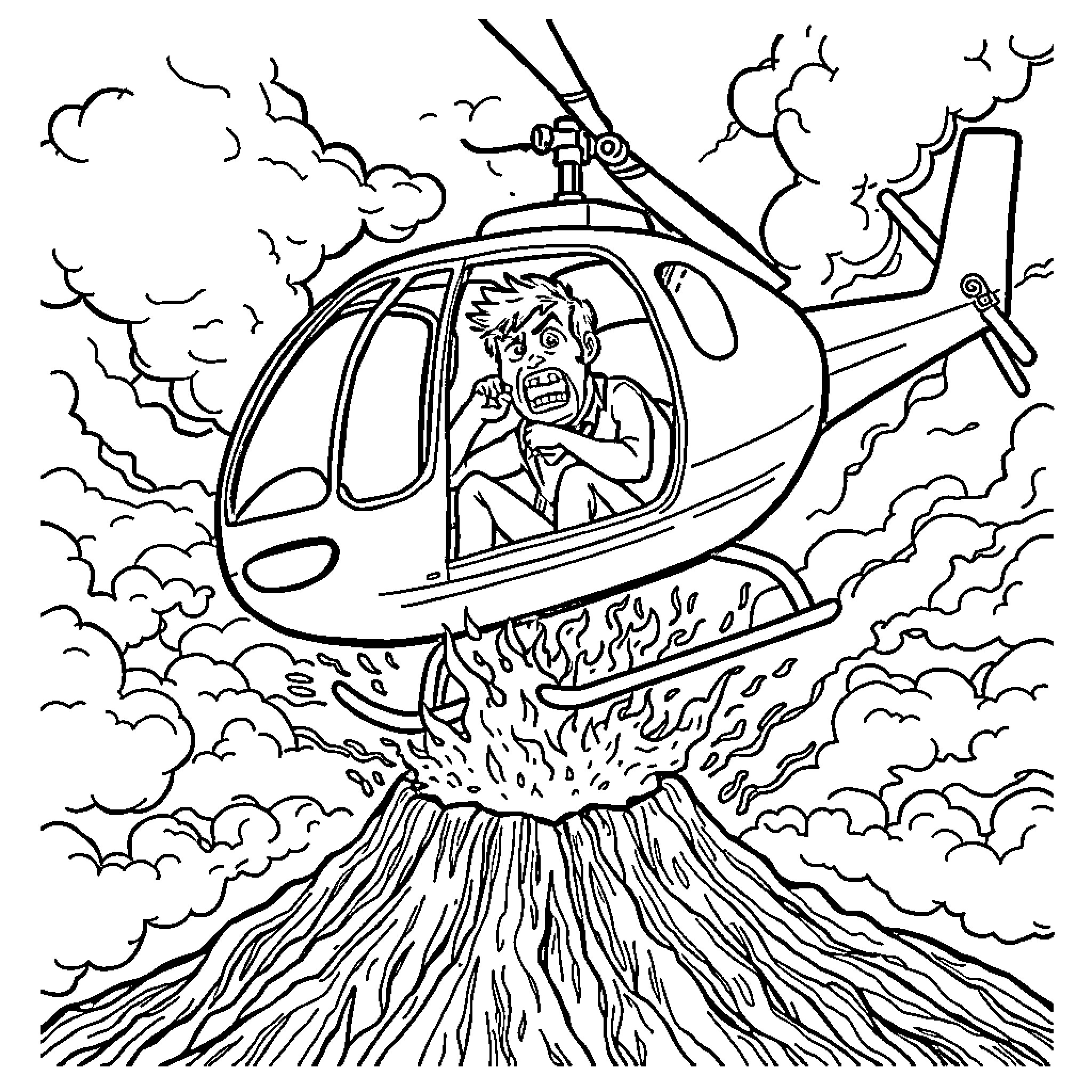 Helicopter Escaping Volcanic Eruption Coloring Page (free black-and-white line drawing printable PDF for all, from beginners to advanced learners, including children, teens, adults, and seniors)