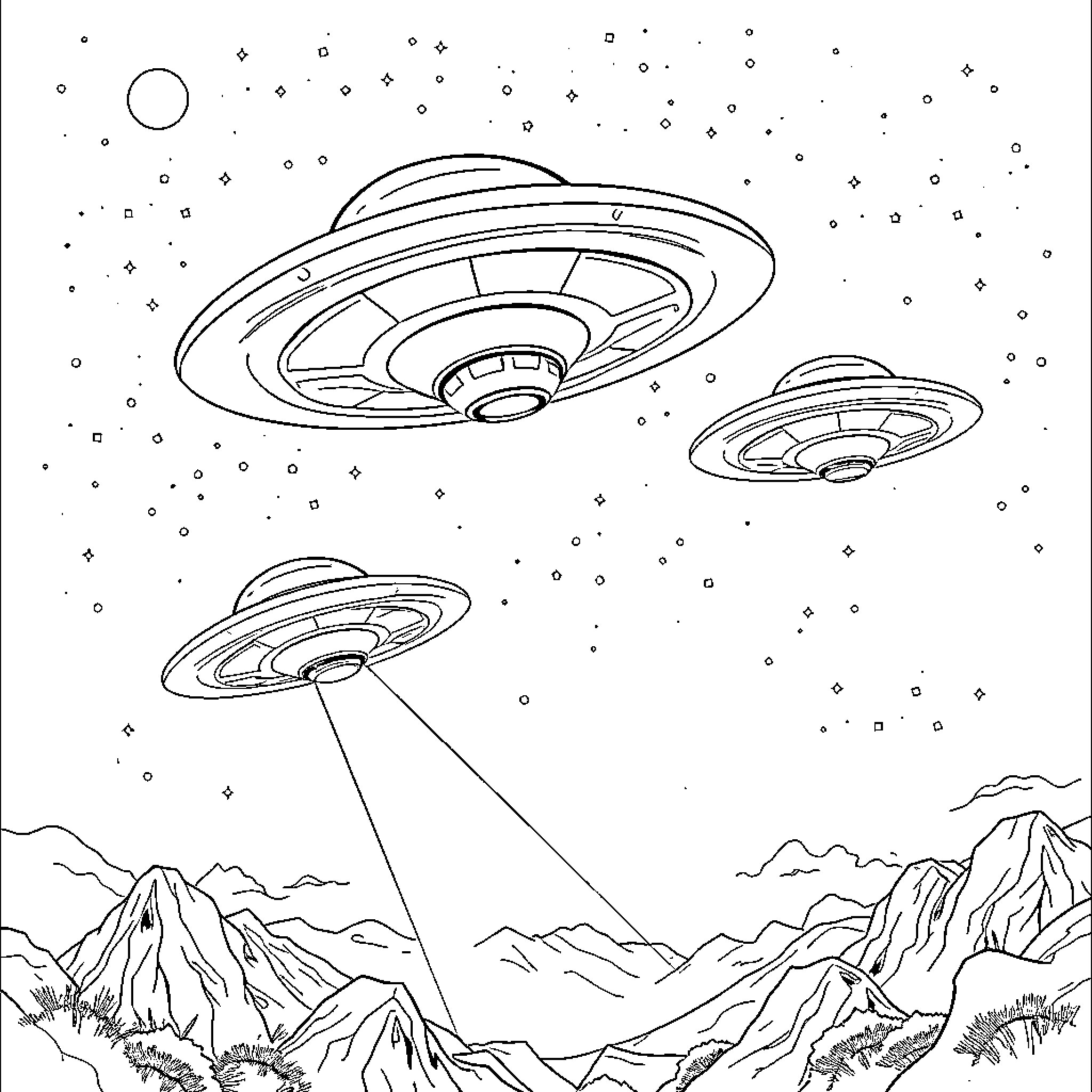 UFO Spacecraft Hovering Over Mountainous Landscape Coloring Page (free black-and-white line drawing printable PDF for all, from beginners to advanced learners, including children, teens, adults, and seniors)