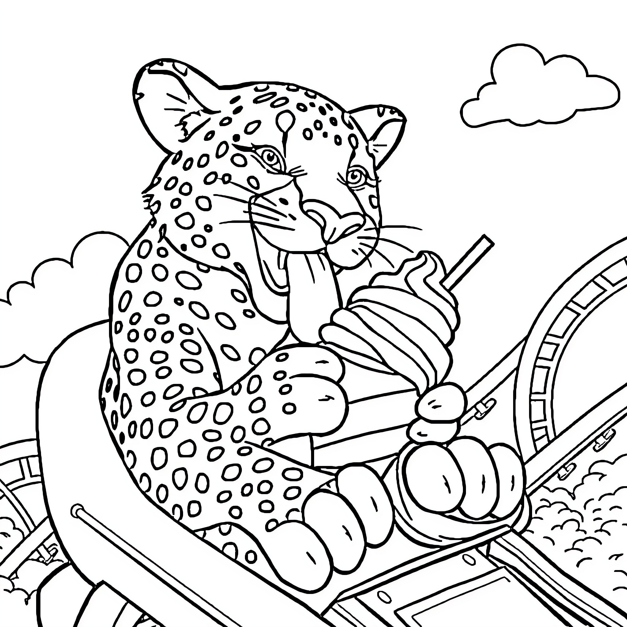 Leopard relaxing on a roller coaster Coloring Page (free black-and-white line drawing printable PDF for all, from beginners to advanced learners, including children, teens, adults, and seniors)