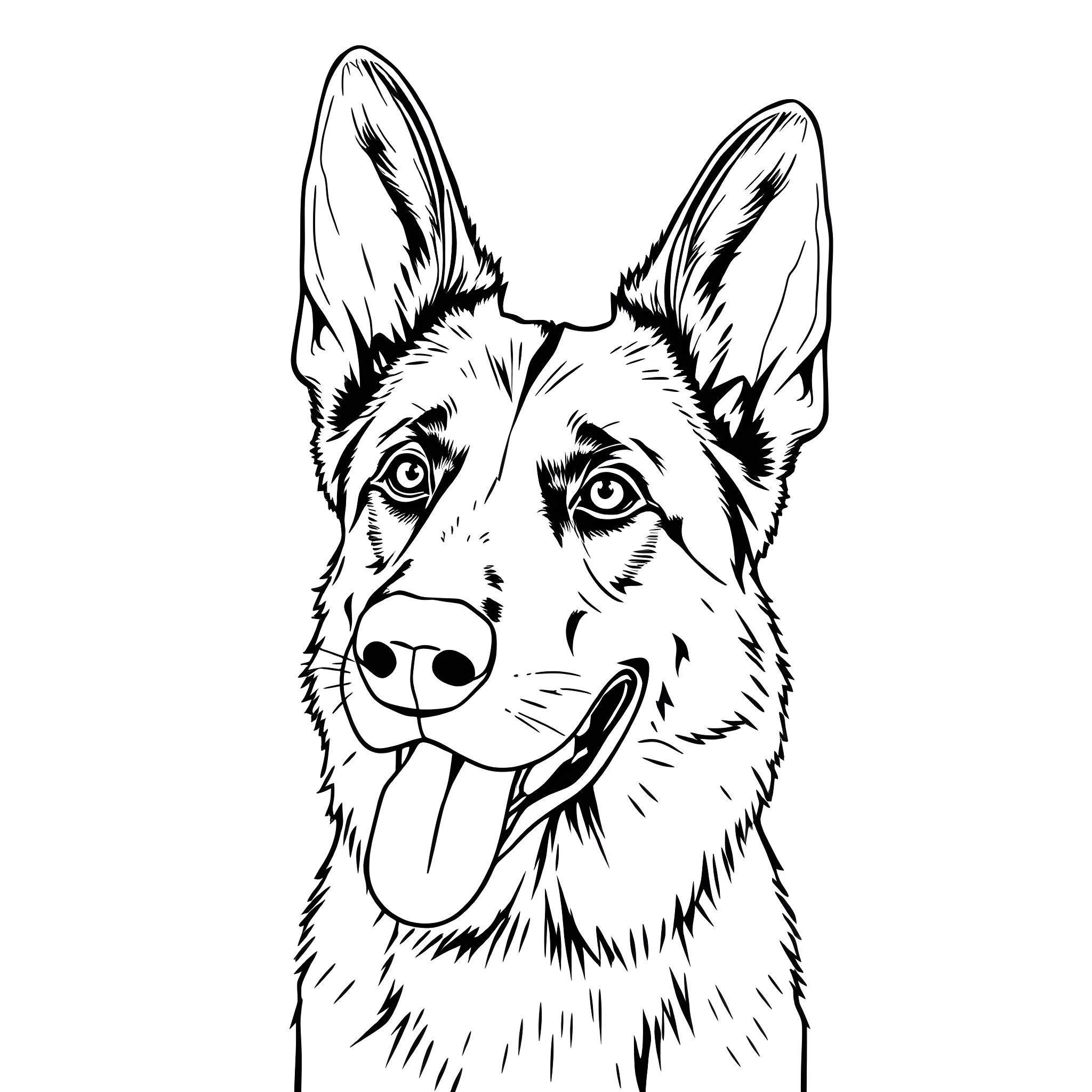 German Shepherd Dog with Focused Expression Coloring Page (free black-and-white line drawing printable PDF for all, from beginners to advanced learners, including children, teens, adults, and seniors)