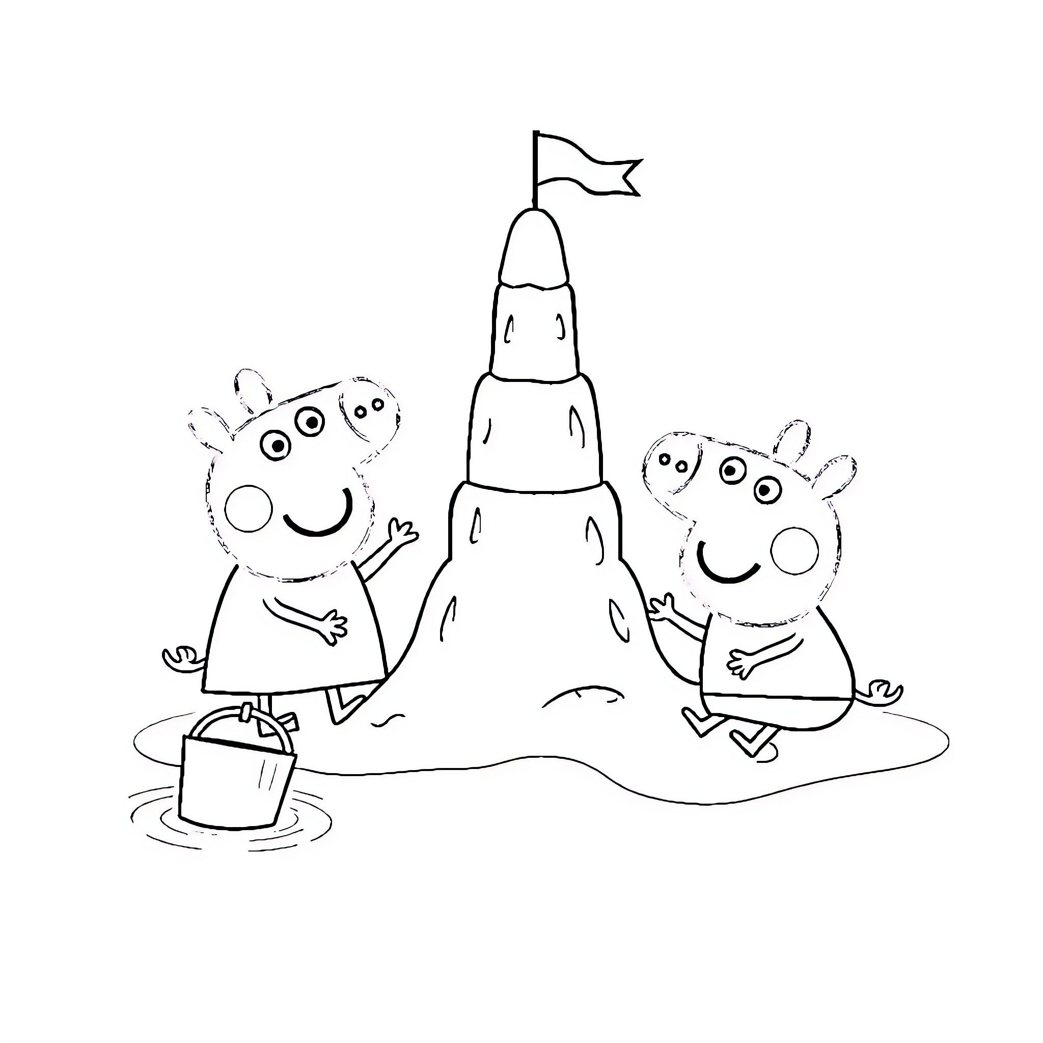 Peppa Pig playing with sand and building a sandcastle Coloring Page (free black-and-white line drawing printable PDF for all, from beginners to advanced learners, including children, teens, adults, and seniors)