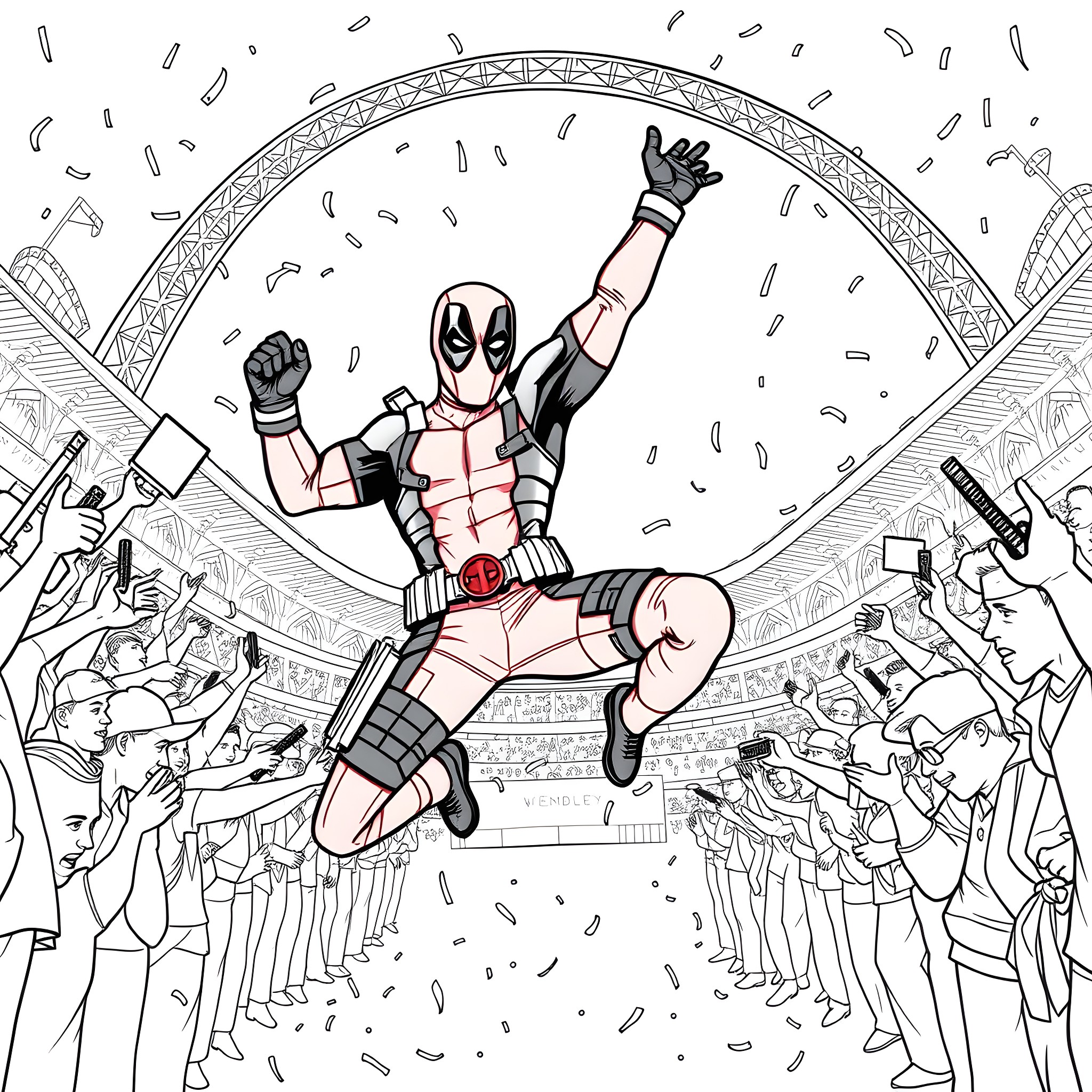 Deadpool's Explosive Performance in the Stadium Coloring Page (free black-and-white line drawing printable PDF for all, from beginners to advanced learners, including children, teens, adults, and seniors)