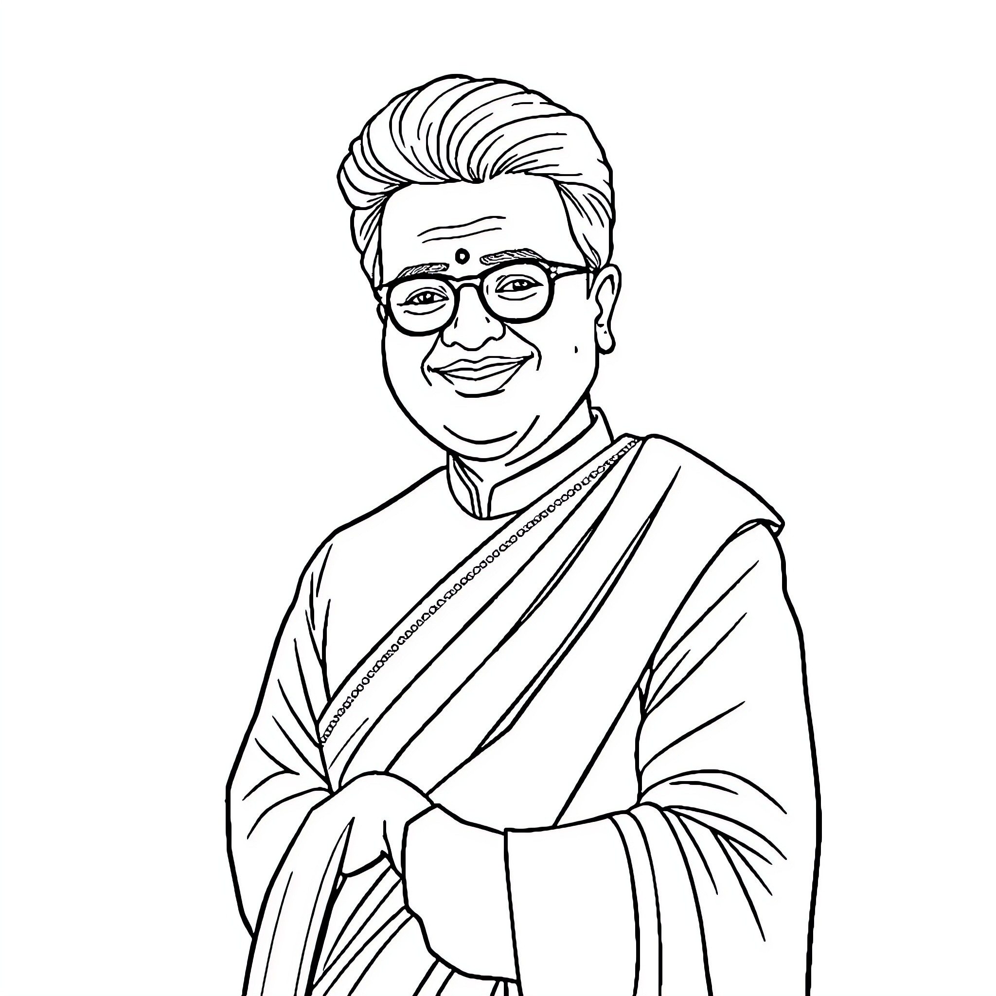 Vivekananda in formal attire with glasses Coloring Page (free black-and-white line drawing printable PDF for all, from beginners to advanced learners, including children, teens, adults, and seniors)